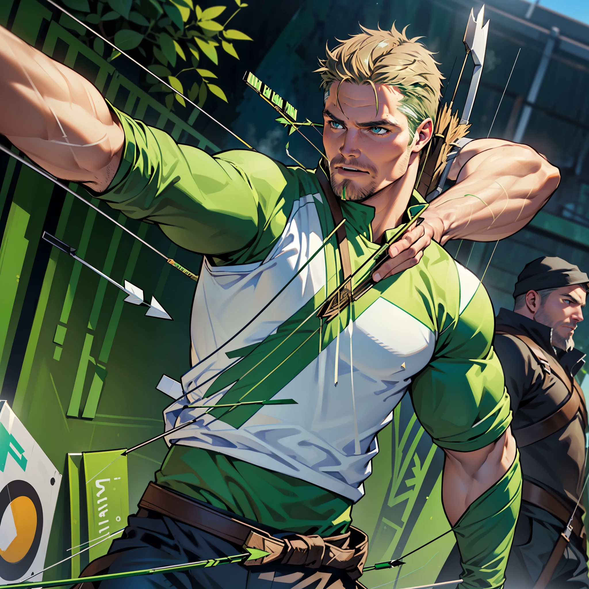 (((1 man in action))),(((lding his crossbow in his left hand ... aiming.... Shooting his arrows..... Running.... ))) , male focus solo,45 yo man,(((Stephen AMELL as green arrow WITH PERFECT ANATOMY))), (((shooting arrows from his CROSSbow, in action ))), (((lean muscle perfect anatomy))), open shirt, pants and brown boots, green finger gloves ,( bulge), full body shot, dark blond short hair, well groomed facial hair , ultra high quality, masterpiece, (((( blue and white and green arabesques lines in the background))))