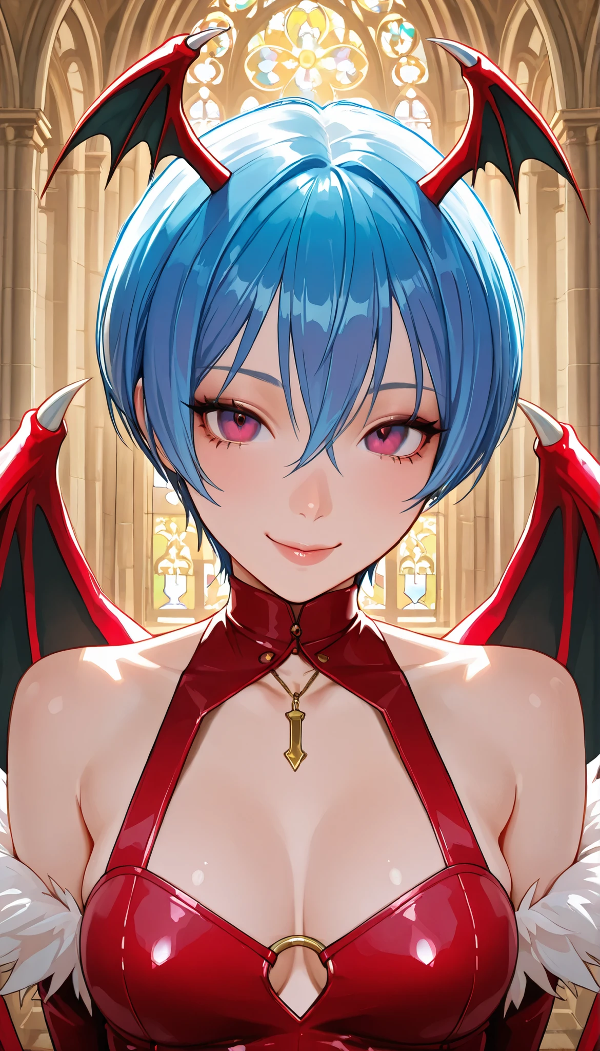 Portrait, Lilith Ainsland, cute, seductive, innocent, Smile:0.3, Plump Lips, slender body, purple short hair, Red Leather Body, bat wings, gothic church background, 4n1v3rs3, written depth, dynamic angle, fashion photography, sharp, ultra high definition:1.15