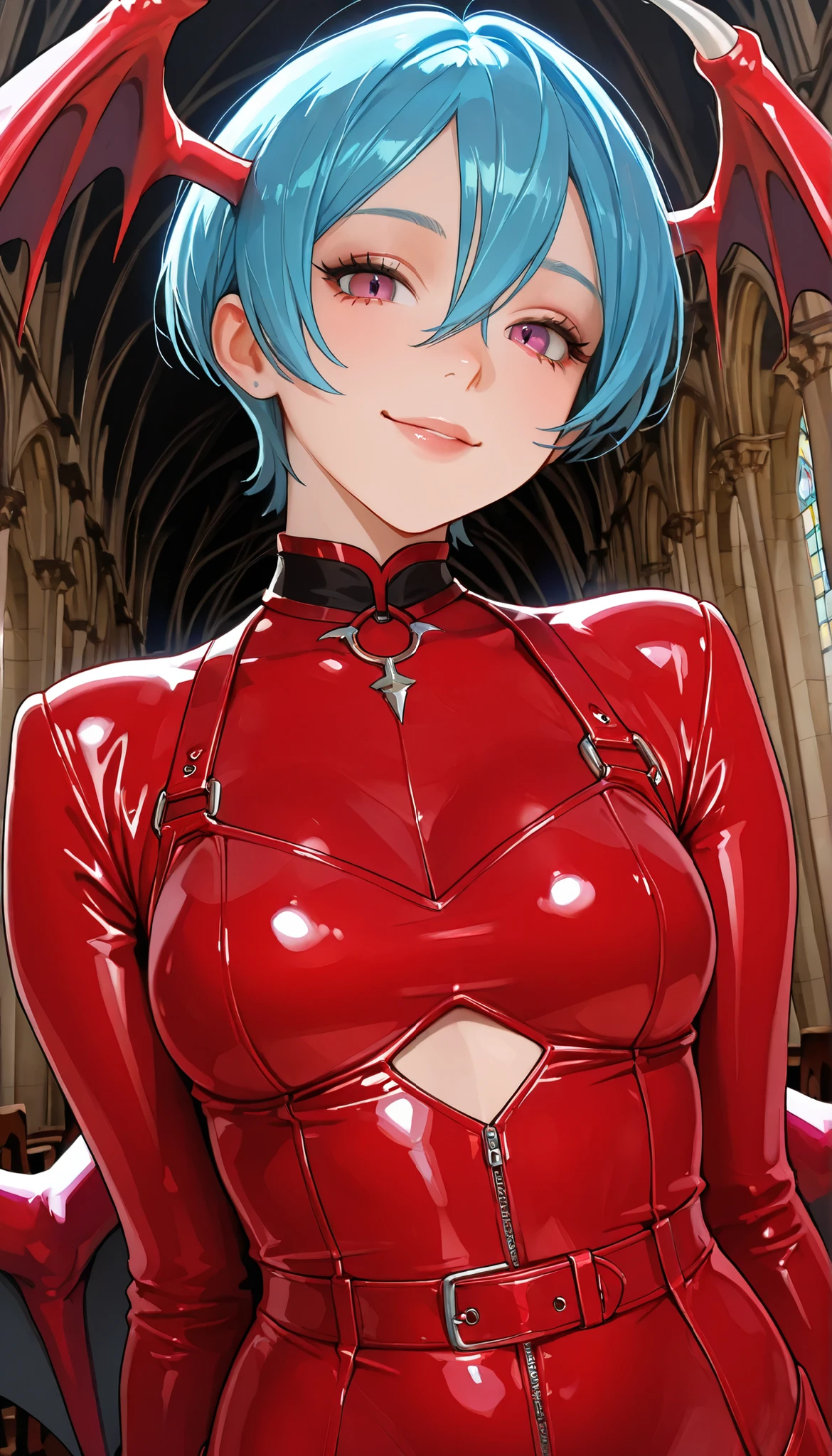 Portrait, Lilith Ainsland, cute, seductive, innocent, Smile:0.3, Plump Lips, slender body, purple short hair, Red Leather Body, bat wings, gothic church background, 4n1v3rs3, written depth, dynamic angle, fashion photography, sharp, ultra high definition:1.15