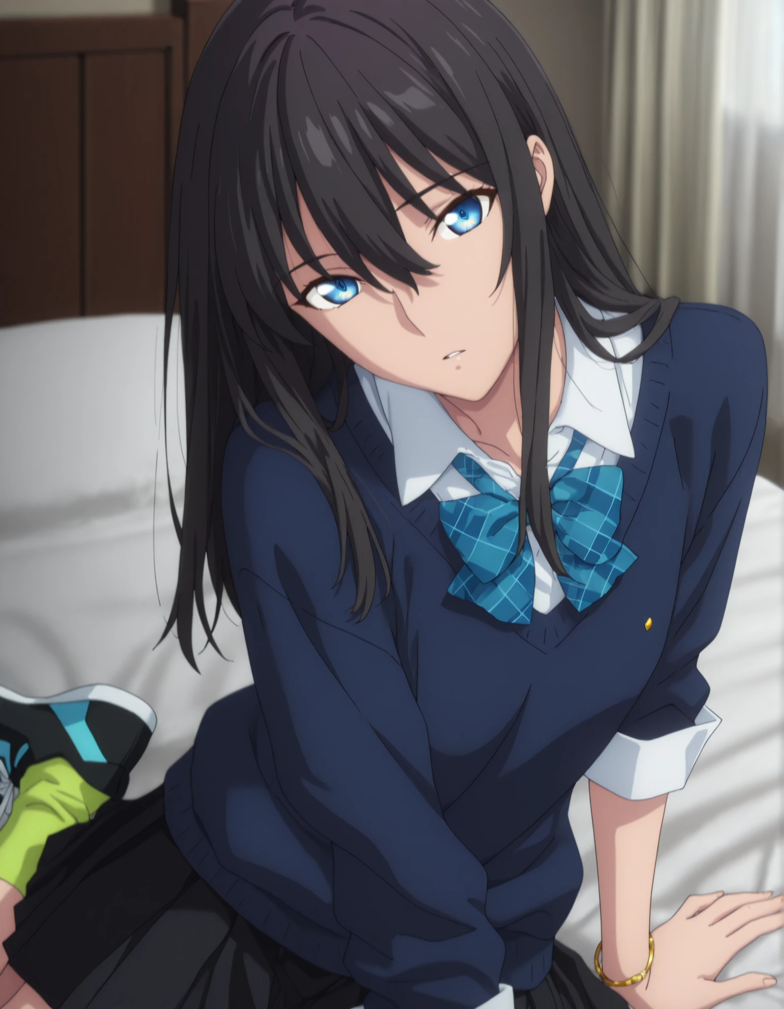 masterpiece, best quality, amazing quality, highres, absurdres, very aesthetic, high resolution, ultra detailed, perfect details, ufotable style, 1girl, solo, indoors, , (detailed background:1.2),from above, (room), , minami kano, long hair, ((black hair)), long bangs, hair between eyes, blue eyes, yellow gem, bracelet, (three-quarter sleeves, sleeve cuffs, blue sweater, white shirt, collared shirt), plaid bowtie, black skirt, pleated skirt, green socks, ankle socks, sneakers, (small breasts, flat chest), , <lora:Kano_Minami_ILXL:0.8>,   (aged up:1.5),(), looking at viewer, (anime coloring:1.2), , pose, expressionless, parted lips, head tilt, sitting on bed, yokozuwari, slim body, slender body, slim arms,
