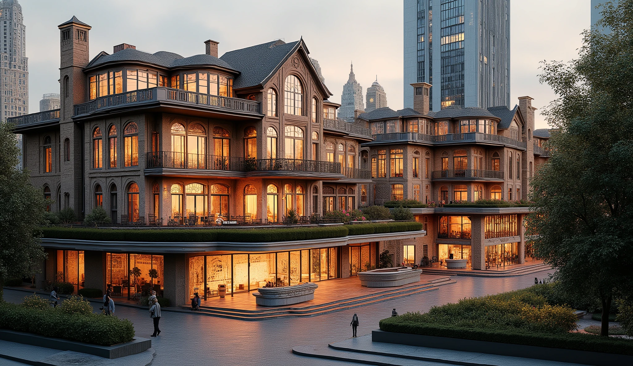 a row of opulent mansions, beautiful gardens, detailed architecture, ornate facades, manicured hedges, lush flower beds, stone fountains, cobblestone pathways, impeccably landscaped, golden gates, elegant entryways, towering columns, stained glass windows, baroque styling, photorealistic,masterpiece,8K,hyperdetailed,4K,ultra-realistic,cinematic lighting,dramatic shadows,warm color palette,vibrant colors,golden hour