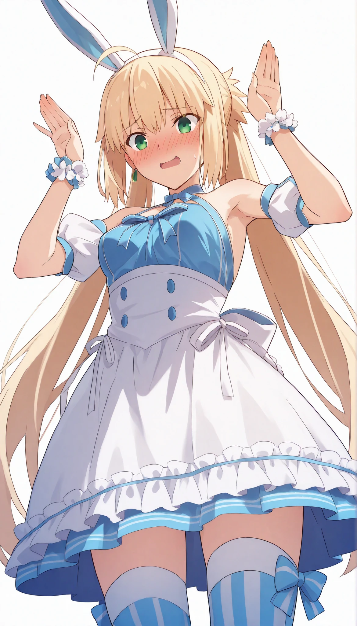 (from below),cowboy shot,high resolution, masterpiece, Necessary, detail, best Quality, Quality, Necessary, details, High details, accurate,UFOTABLE style , ufotable anime,SCaster2, Kastoria , source_anime, score_9, score_8_up, score_7_up, Sum2_wrist_cuffs, 1girl, solo, long hair, watch viewers, blush, open mouth, Blonde, twin tail, GREEN EYES, stupid hair, headband, small breasts, bunny pose, Sum2_dress, Sum2_fake_Rabbit_ear, Sum2_thigh high socks, blush, embarrassed, illustrations, disheveled hair, detailsな目, perfect composition, moist skin, intricate details, earrings,white background, Sensual Smile,flashing,walliza,(beach)