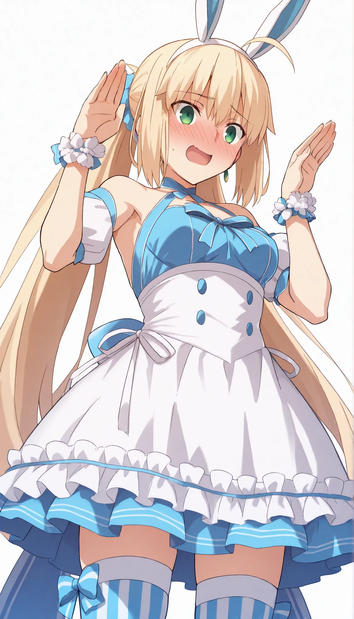 (from below),cowboy shot,high resolution, masterpiece, Necessary, detail, best Quality, Quality, Necessary, details, High details, accurate,UFOTABLE style , ufotable anime,SCaster2, Kastoria , source_anime, score_9, score_8_up, score_7_up, Sum2_wrist_cuffs, 1girl, solo, long hair, watch viewers, blush, open mouth, Blonde, twin tail, GREEN EYES, stupid hair, headband, small breasts, bunny pose, Sum2_dress, Sum2_fake_Rabbit_ear, Sum2_thigh high socks, blush, embarrassed, illustrations, disheveled hair, detailsな目, perfect composition, moist skin, intricate details, earrings,white background, Sensual Smile,flashing,walliza,(beach)