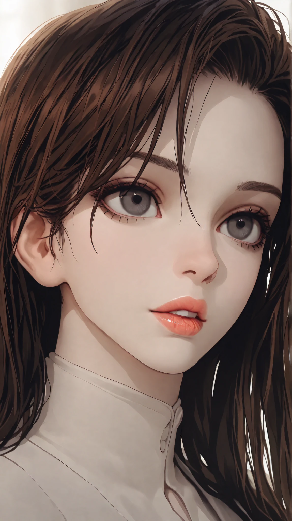 Girl, long straight brown hair, dark gray eyes, calm features, white skin, lip gloss, beautiful, perfect, masterpiece, bright colors, high quality resolution .