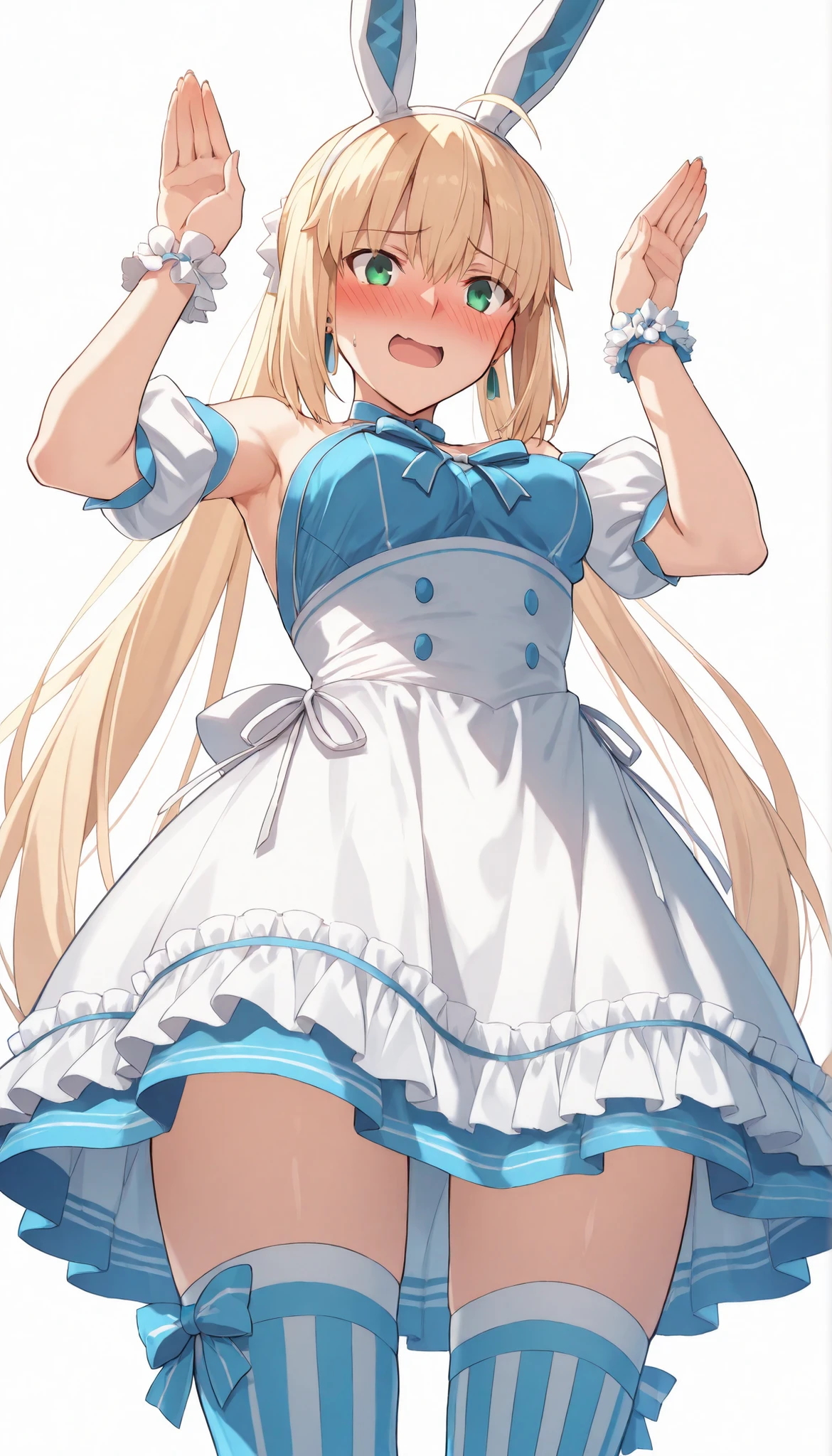 (from below),cowboy shot,high resolution, masterpiece, Necessary, detail, best Quality, Quality, Necessary, details, High details, accurate,UFOTABLE style , ufotable anime,SCaster2, Kastoria , source_anime, score_9, score_8_up, score_7_up, Sum2_wrist_cuffs, 1girl, solo, long hair, watch viewers, blush, open mouth, Blonde, twin tail, GREEN EYES, stupid hair, headband, small breasts, bunny pose, Sum2_dress, Sum2_fake_Rabbit_ear, Sum2_thigh high socks, blush, embarrassed, illustration, disheveled hair, detailsな目, perfect composition, moist skin, intricate details, earrings,white background, Sensual Smile,flashing,walliza,(beach)