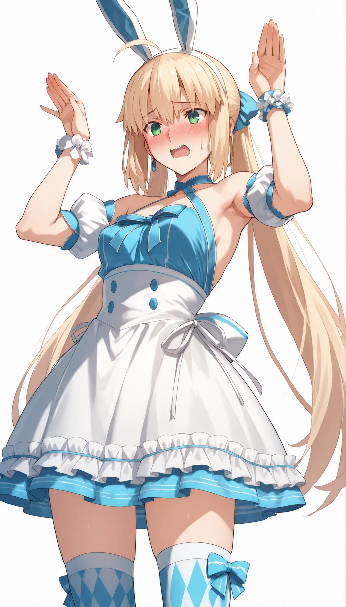 (from below),cowboy shot,high resolution, masterpiece, Necessary, detail, best Quality, Quality, Necessary, details, High details, accurate,UFOTABLE style , ufotable anime,SCaster2, Kastoria , source_anime, score_9, score_8_up, score_7_up, Sum2_wrist_cuffs, 1girl, solo, long hair, watch viewers, blush, open mouth, Blonde, twin tail, GREEN EYES, stupid hair, headband, small breasts, bunny pose, Sum2_dress, Sum2_fake_Rabbit_ear, Sum2_thigh high socks, blush, embarrassed, illustrations, disheveled hair, detailsな目, perfect composition, moist skin, intricate details, earrings,white background, Sensual Smile,flashing,walliza,(beach)