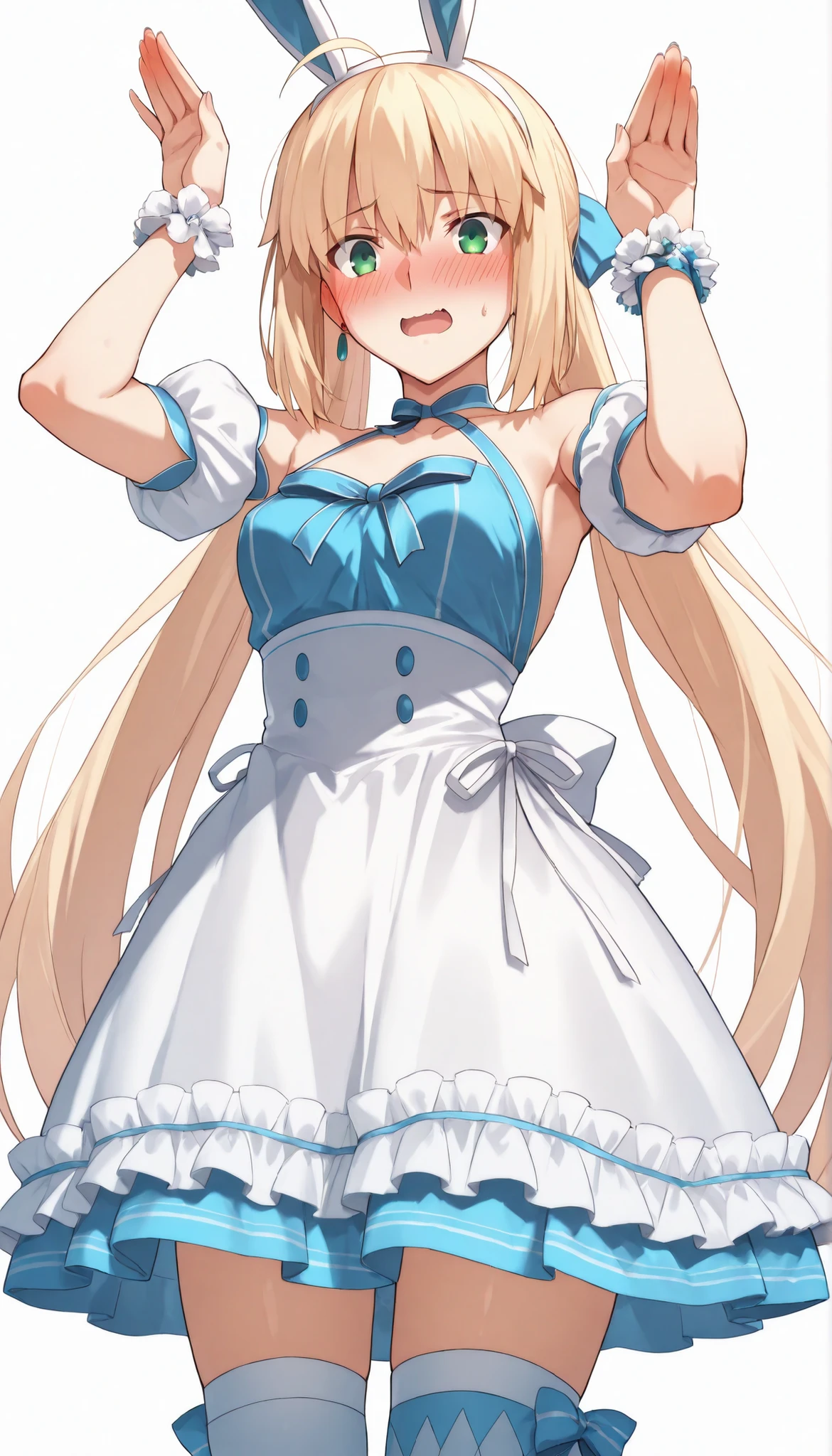 (from below),cowboy shot,high resolution, masterpiece, Necessary, detail, best Quality, Quality, Necessary, details, High details, accurate,UFOTABLE style , ufotable anime,SCaster2, Kastoria , source_anime, score_9, score_8_up, score_7_up, Sum2_wrist_cuffs, 1girl, solo, long hair, watch viewers, blush, open mouth, Blonde, twin tail, GREEN EYES, stupid hair, headband, small breasts, bunny pose, Sum2_dress, Sum2_fake_Rabbit_ear, Sum2_thigh high socks, blush, embarrassed, illustration, disheveled hair, detailsな目, perfect composition, moist skin, intricate details, earrings,white background, Sensual Smile,flashing,walliza,(beach)