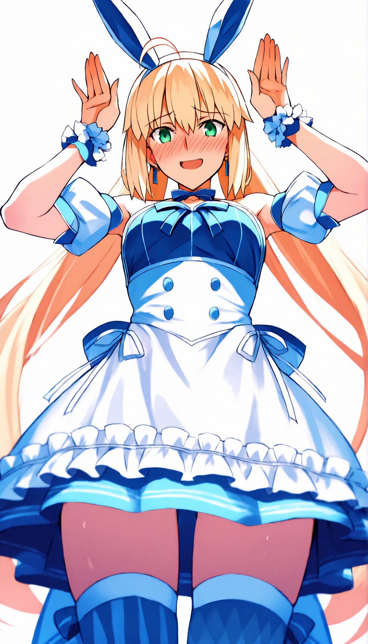 (from below),cowboy shot,high resolution, masterpiece, Necessary, detail, best Quality, Quality, Necessary, details, High details, accurate,UFOTABLE style , ufotable anime,SCaster2, Kastoria , source_anime, score_9, score_8_up, score_7_up, Sum2_wrist_cuffs, 1girl, solo, long hair, watch viewers, blush, open mouth, Blonde, twin tail, GREEN EYES, stupid hair, headband, small breasts, bunny pose, Sum2_dress, Sum2_fake_Rabbit_ear, Sum2_thigh high socks, blush, embarrassed, illustrations, disheveled hair, detailsな目, perfect composition, moist skin, intricate details, earrings,white background, Sensual Smile,flashing,walliza,(beach)