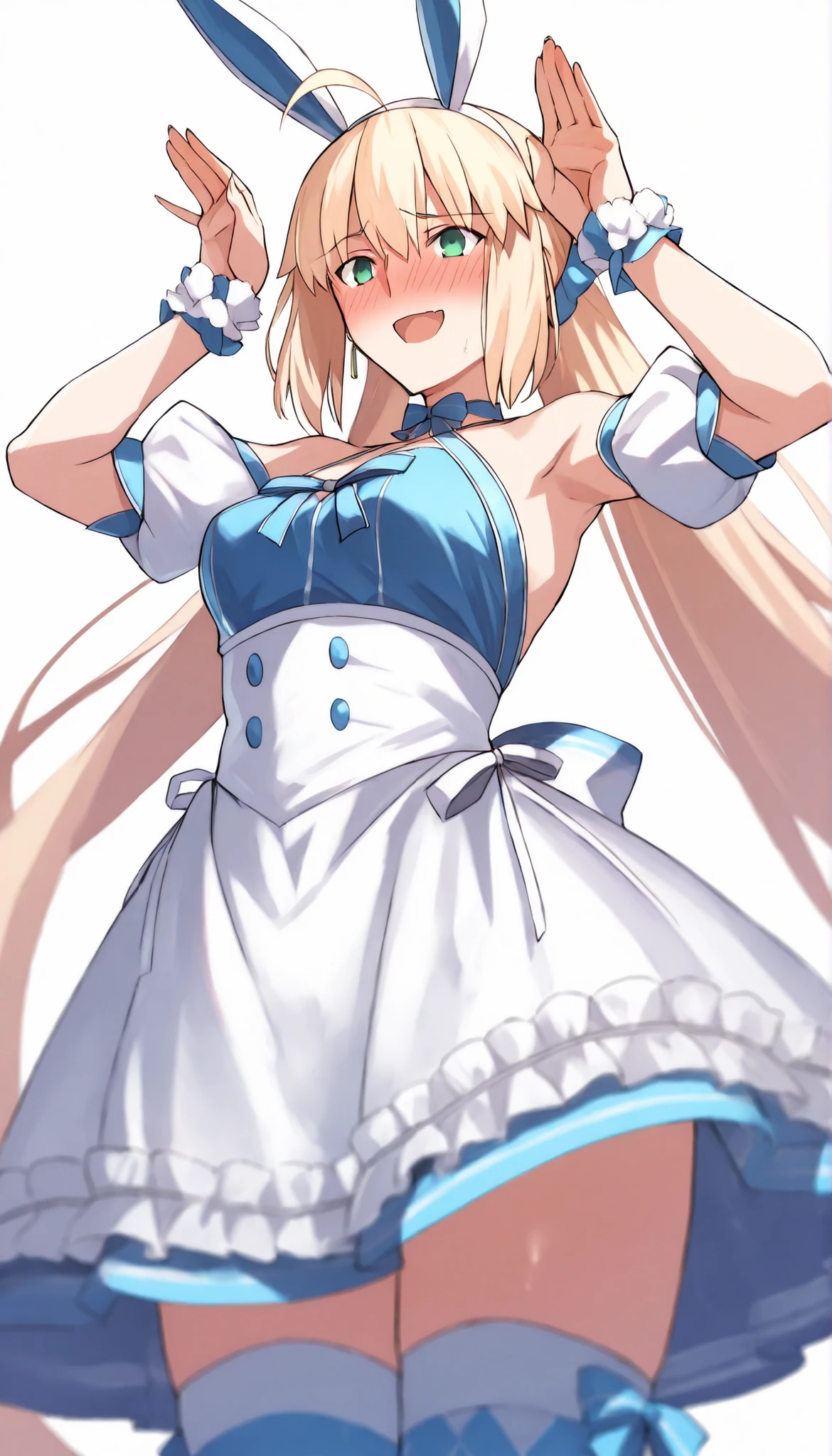 (from below),cowboy shot,high resolution, masterpiece, Necessary, detail, best Quality, Quality, Necessary, details, High details, accurate,UFOTABLE style , ufotable anime,SCaster2, Kastoria , source_anime, score_9, score_8_up, score_7_up, Sum2_wrist_cuffs, 1girl, solo, long hair, watch viewers, blush, open mouth, Blonde, twin tail, GREEN EYES, stupid hair, headband, small breasts, bunny pose, Sum2_dress, Sum2_fake_Rabbit_ear, Sum2_thigh high socks, blush, embarrassed, illustrations, disheveled hair, detailsな目, perfect composition, moist skin, intricate details, earrings,white background, Sensual Smile,flashing,walliza,(beach)