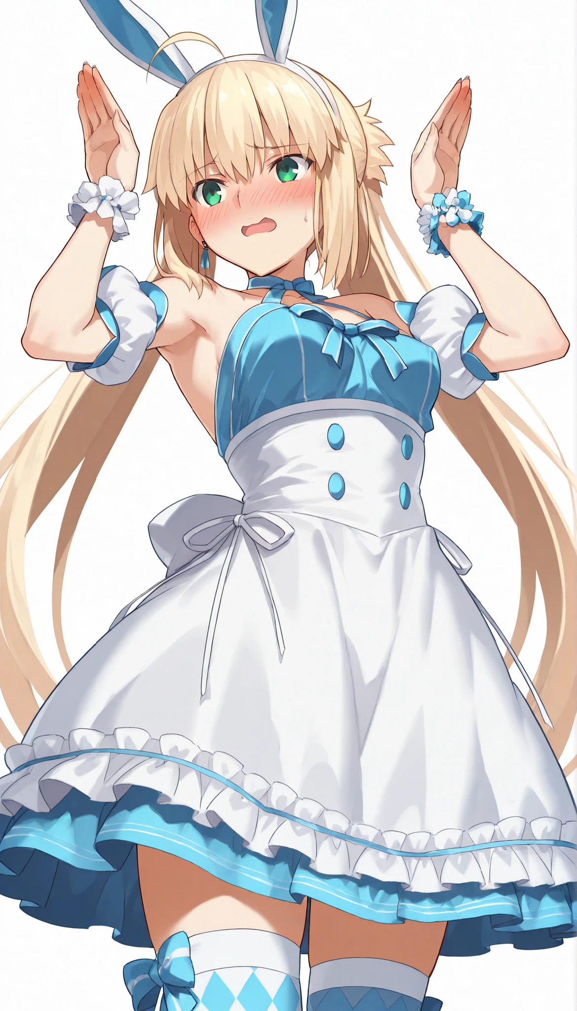 (from below),cowboy shot,high resolution, masterpiece, Necessary, detail, best Quality, Quality, Necessary, details, High details, accurate,UFOTABLE style , ufotable anime,SCaster2, Kastoria , source_anime, score_9, score_8_up, score_7_up, Sum2_wrist_cuffs, 1girl, solo, long hair, watch viewers, blush, open mouth, Blonde, twin tail, GREEN EYES, stupid hair, headband, small breasts, bunny pose, Sum2_dress, Sum2_fake_Rabbit_ear, Sum2_thigh high socks, blush, embarrassed, illustration, disheveled hair, detailsな目, perfect composition, moist skin, intricate details, earrings,white background, Sensual Smile,flashing,walliza,(beach)