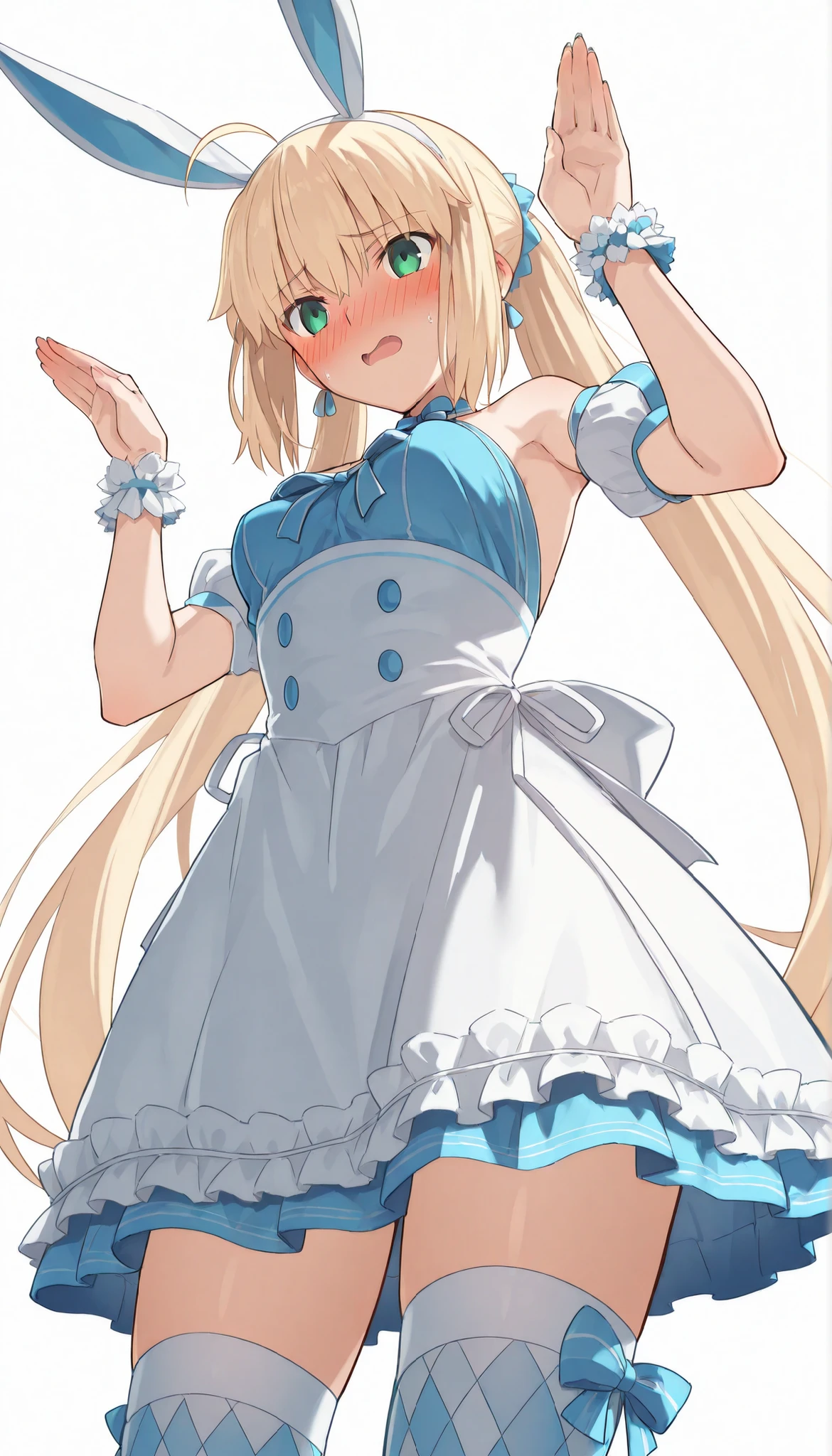 (from below),cowboy shot,high resolution, masterpiece, Necessary, detail, best Quality, Quality, Necessary, details, High details, accurate,UFOTABLE style , ufotable anime,SCaster2, Kastoria , source_anime, score_9, score_8_up, score_7_up, Sum2_wrist_cuffs, 1girl, solo, long hair, watch viewers, blush, open mouth, Blonde, twin tail, GREEN EYES, stupid hair, headband, small breasts, bunny pose, Sum2_dress, Sum2_fake_Rabbit_ear, Sum2_thigh high socks, blush, embarrassed, illustration, disheveled hair, detailsな目, perfect composition, moist skin, intricate details, earrings,white background, Sensual Smile,flashing,walliza,(beach)