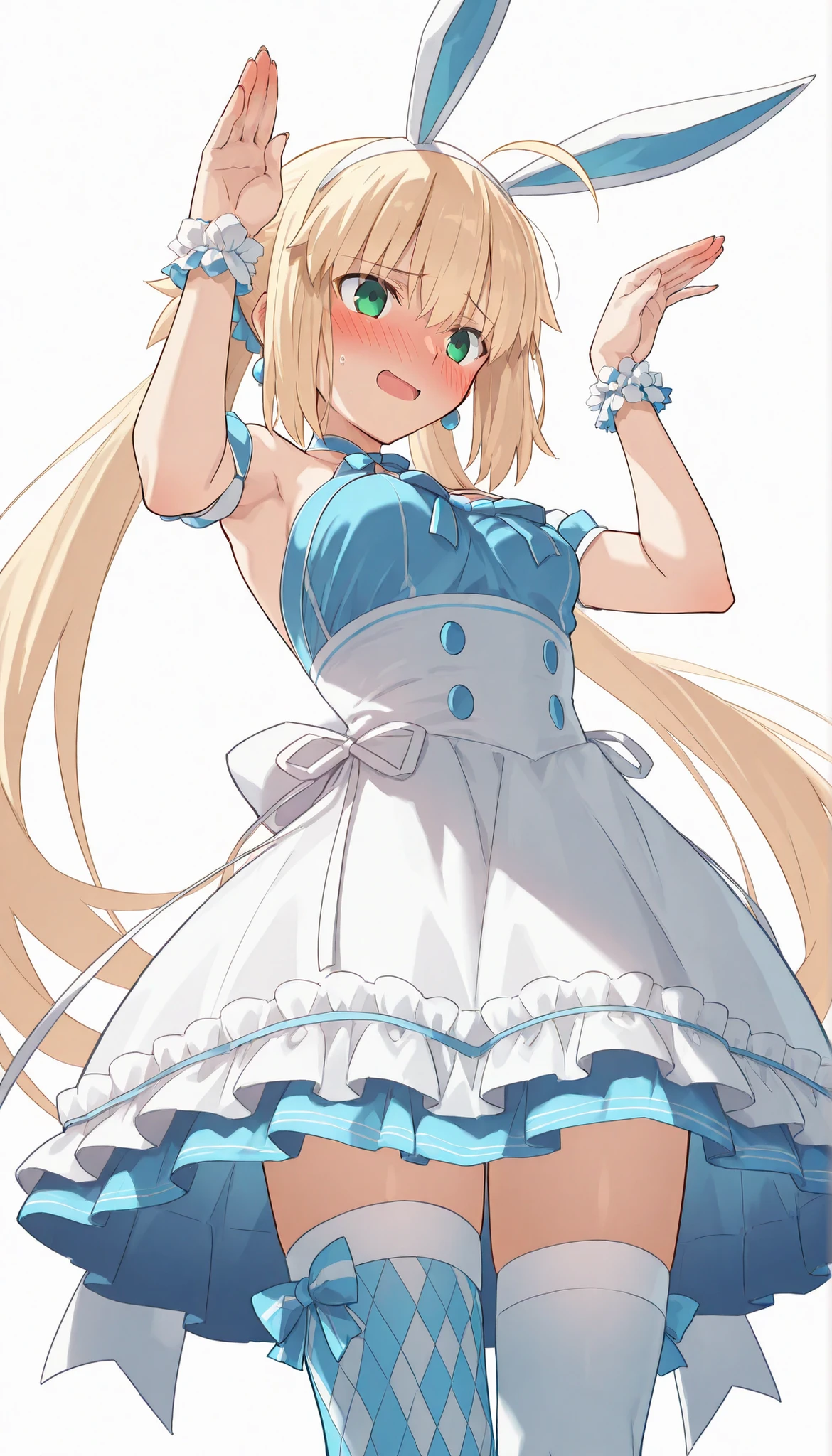 (from below),cowboy shot,high resolution, masterpiece, Necessary, detail, best Quality, Quality, Necessary, details, High details, accurate,UFOTABLE style , ufotable anime,SCaster2, Kastoria , source_anime, score_9, score_8_up, score_7_up, Sum2_wrist_cuffs, 1girl, solo, long hair, watch viewers, blush, open mouth, Blonde, twin tail, GREEN EYES, stupid hair, headband, small breasts, bunny pose, Sum2_dress, Sum2_fake_Rabbit_ear, Sum2_thigh high socks, blush, embarrassed, illustrations, disheveled hair, detailsな目, perfect composition, moist skin, intricate details, earrings,white background, Sensual Smile,flashing,walliza,(beach)