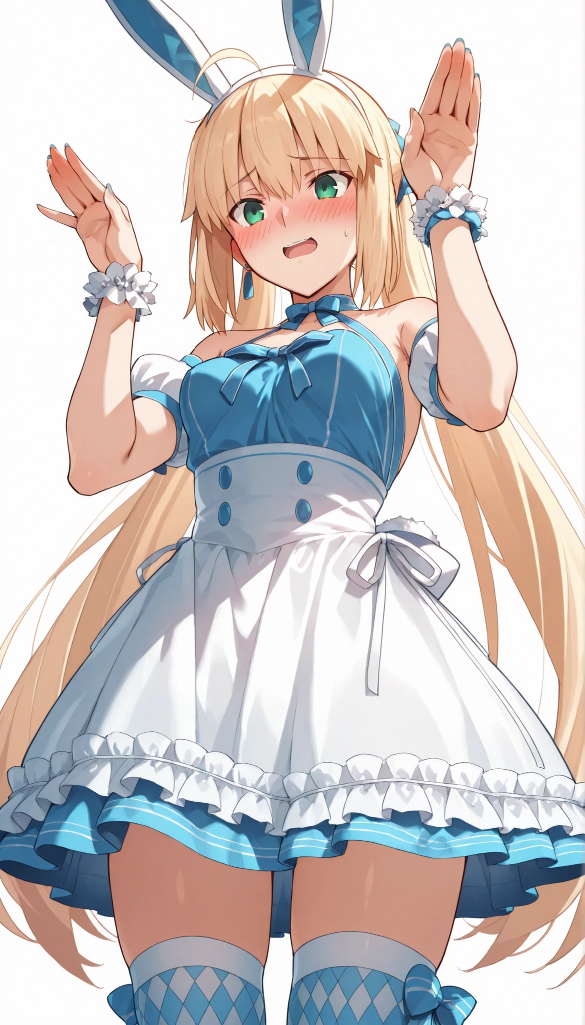 (from below),cowboy shot,high resolution, masterpiece, Necessary, detail, best Quality, Quality, Necessary, details, High details, accurate,UFOTABLE style , ufotable anime,SCaster2, Kastoria , source_anime, score_9, score_8_up, score_7_up, Sum2_wrist_cuffs, 1girl, solo, long hair, watch viewers, blush, open mouth, Blonde, twin tail, GREEN EYES, stupid hair, headband, small breasts, bunny pose, Sum2_dress, Sum2_fake_Rabbit_ear, Sum2_thigh high socks, blush, embarrassed, illustrations, disheveled hair, detailsな目, perfect composition, moist skin, intricate details, earrings,white background, Sensual Smile,flashing,walliza,(beach)