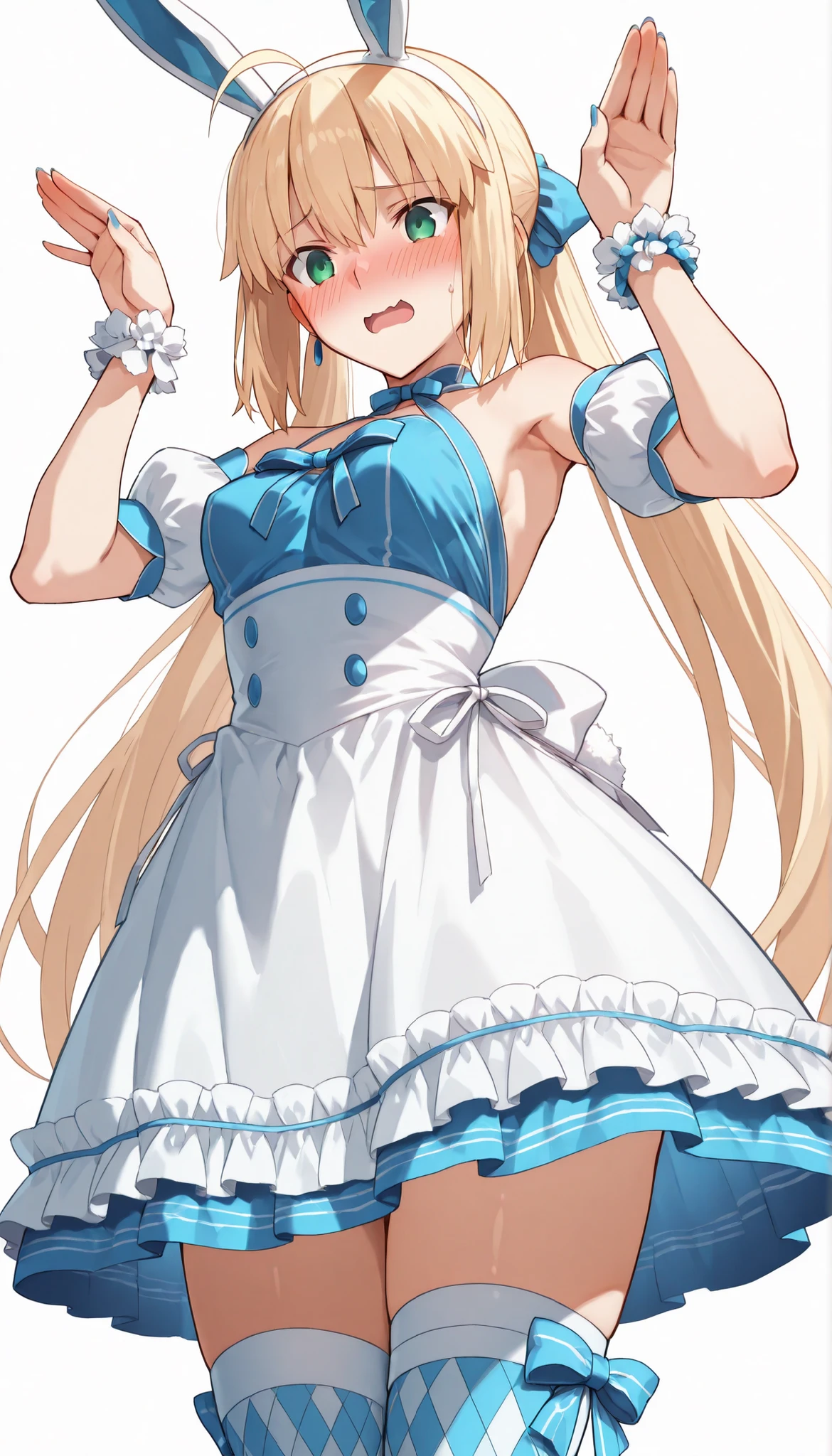 (from below),cowboy shot,high resolution, masterpiece, Necessary, detail, best Quality, Quality, Necessary, details, High details, accurate,UFOTABLE style , ufotable anime,SCaster2, Kastoria , source_anime, score_9, score_8_up, score_7_up, Sum2_wrist_cuffs, 1girl, solo, long hair, watch viewers, blush, open mouth, Blonde, twin tail, GREEN EYES, stupid hair, headband, small breasts, bunny pose, Sum2_dress, Sum2_fake_Rabbit_ear, Sum2_thigh high socks, blush, embarrassed, illustration, disheveled hair, detailsな目, perfect composition, moist skin, intricate details, earrings,white background, Sensual Smile,flashing,walliza,(beach)