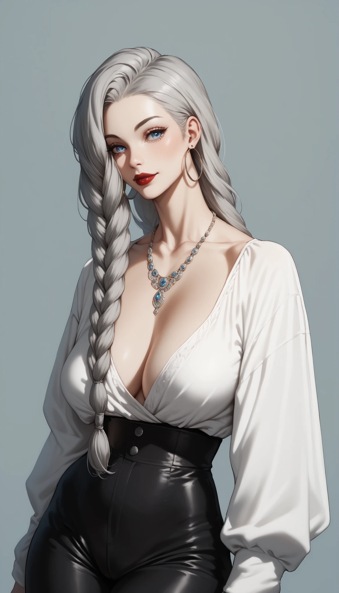 score_9, score_8_up, score_7_up, score_6_up, score_5_up, score_4_up, May May  , blue eyes, gray hair braids, BIG BREASTS,  necklaces, big oversized hoop earrings ,Red Lipstick , detailed eyes ,pants , saggy chest ,black decorative ancient dress,