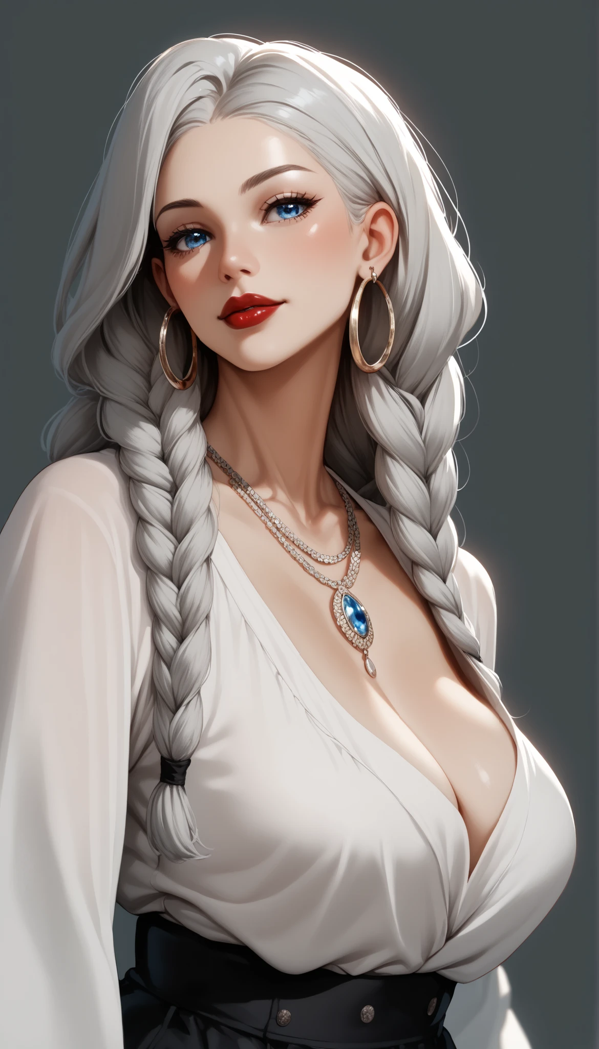 score_9, score_8_up, score_7_up, score_6_up, score_5_up, score_4_up, May May  , blue eyes, gray hair braids, BIG BREASTS,  necklaces, big oversized hoop earrings ,Red Lipstick , detailed eyes ,pants , saggy chest ,black decorative ancient dress,