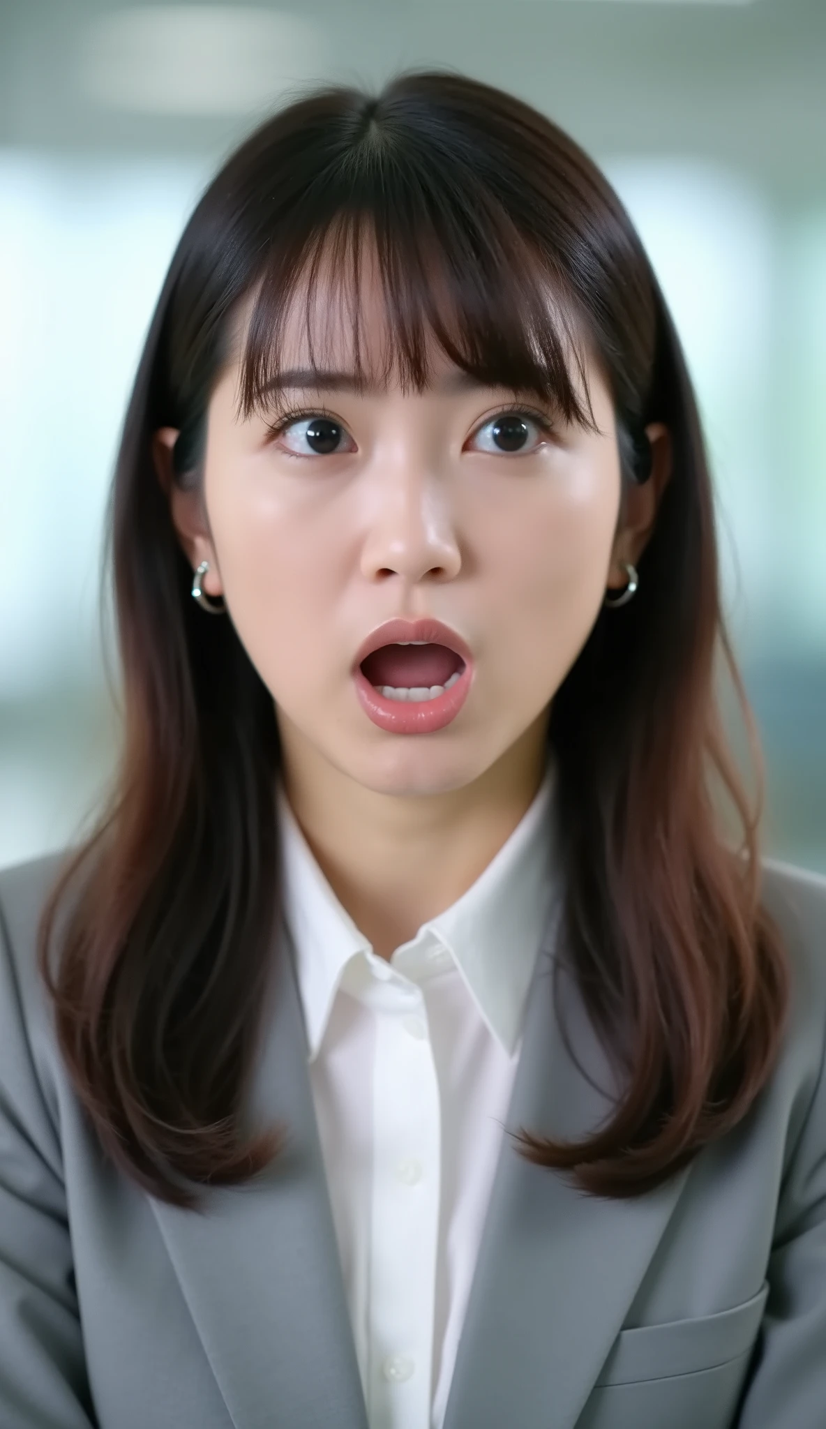 Neat Young Woman、looking at the camera、office lady suit、jacket、shirt、Ear piercings、、 、has bangs and is making a small scream、、smile with her mouth closed、、face close-up、The background is office