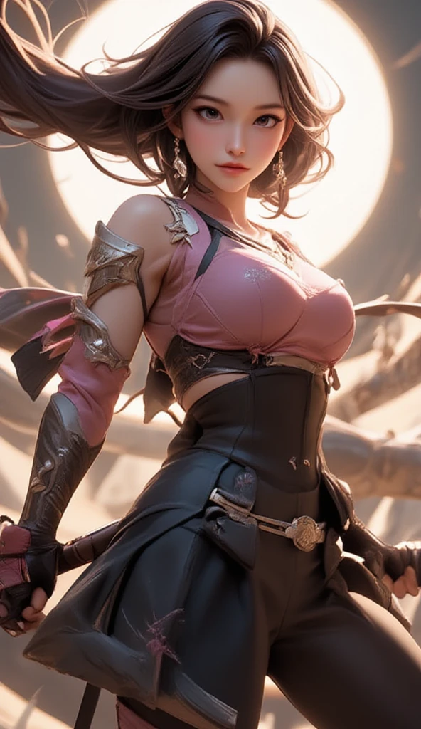 Solo, A brave and courageous image of a 6 member ranger team, Each one is decorated in vibrant colors such as:: ((Pink)), red is front of center, violet, Green, yellow, blue black, white,. Heart motif belt, Dynamic poses in a background that exudes energy and courage, neon, fire, plasma, Fluorescent, shocking, pink big bomber, splashing pink, running, fighting pose, action pose, Embodying the essence of the classic Sentai superhero team. Each Ranger:: The attire is sophisticated and modern, Each color has elements that reflect its theme., Ready for action. ((?????????)), weapons, in sunset background , in cinematic lighting, cover art mixed cinema poster style,