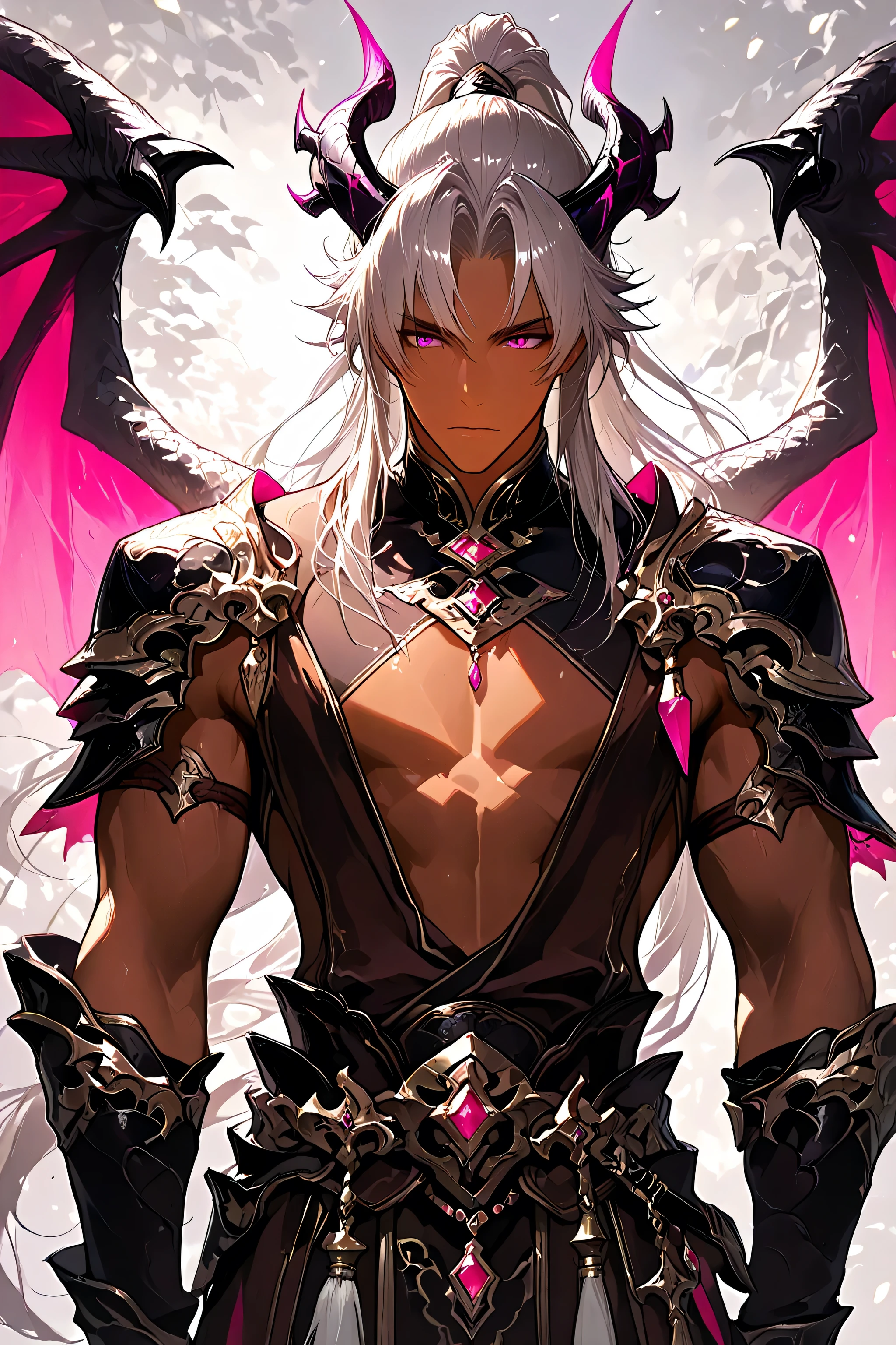 masterpiece, Highest Quality , male, solo, 20歳のmale, looking straight ahead, cowboy shot, silver hair, semi-long hair, ponytail from the front, Pink Eyes, Dark brown skin, Fantasy Outfit, Mukimuki, Strong, Two dragon horns, dragon wings on back,