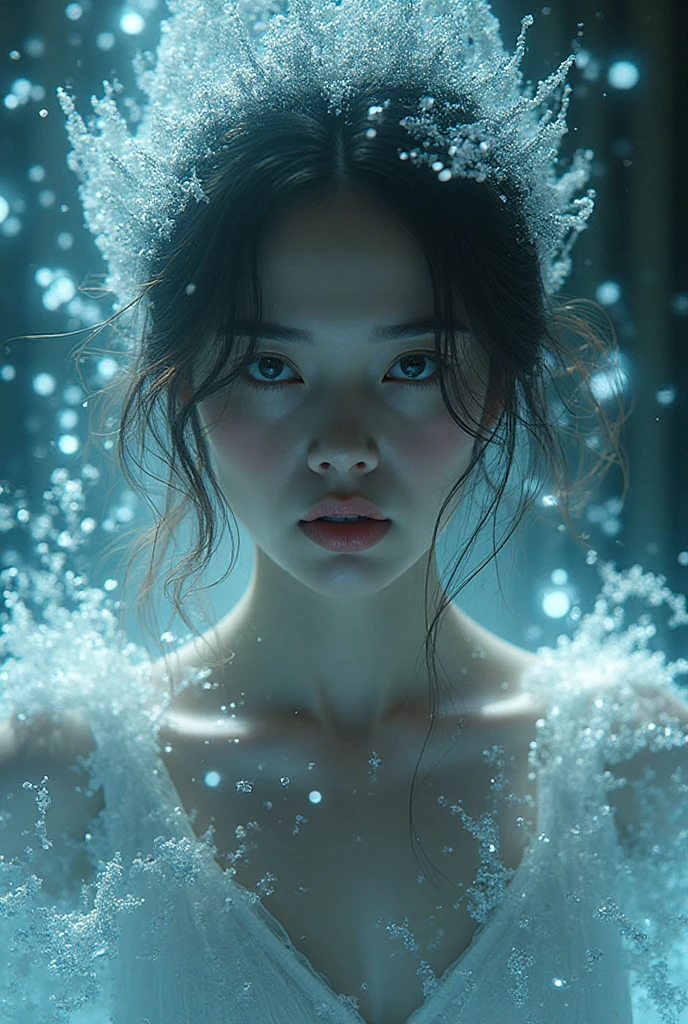 (beautiful screaming  woman), (eyes open), (terrified expression), (((frightened expression))), (((startled expression))), (((shouting))), (clear resin face), (face made of clear resin), (face turning into clear resin), (head made of clear resin), (body turning to clear resin), (body made of clear resin), (clear resin body), (skin becoming clear resin), (face turning to clear resin), (head turning to clear resin), (arms turning to clear resin), (hands turning to clear resin), (clear resin hands), (clear resin fingers), (skin made of clear resin), (clear resin skin), (hair made of clear resin), (ASFR), (turning into clear resin), (becoming clear resin), (winter forest background), (defensive posture), ((((half made of clear resin, half made of flesh)))), side profile
