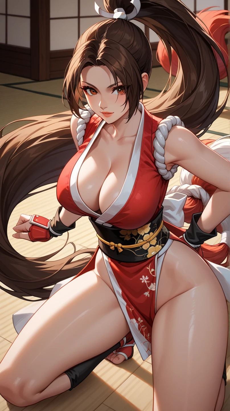 masterpiece, best quality, absurdres, newest, very aesthetic, amazing quality,highres, face focus, , shiranui mai \(king of fighters\), 1girl,  shoulders, blush, brown eyes, brown hair, hand fan, high ponytail, , legs, long hair, looking at viewer, ponytail, sideboob, solo, thick thighs, thighs, combat arena