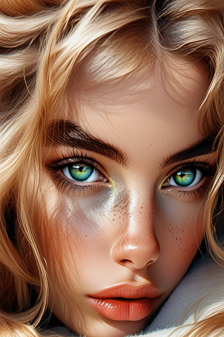 Realistic illustration of a 14-year-old white girl with curly hair and red green eyes wearing a yellow T-shirt with freckles looking back --auto