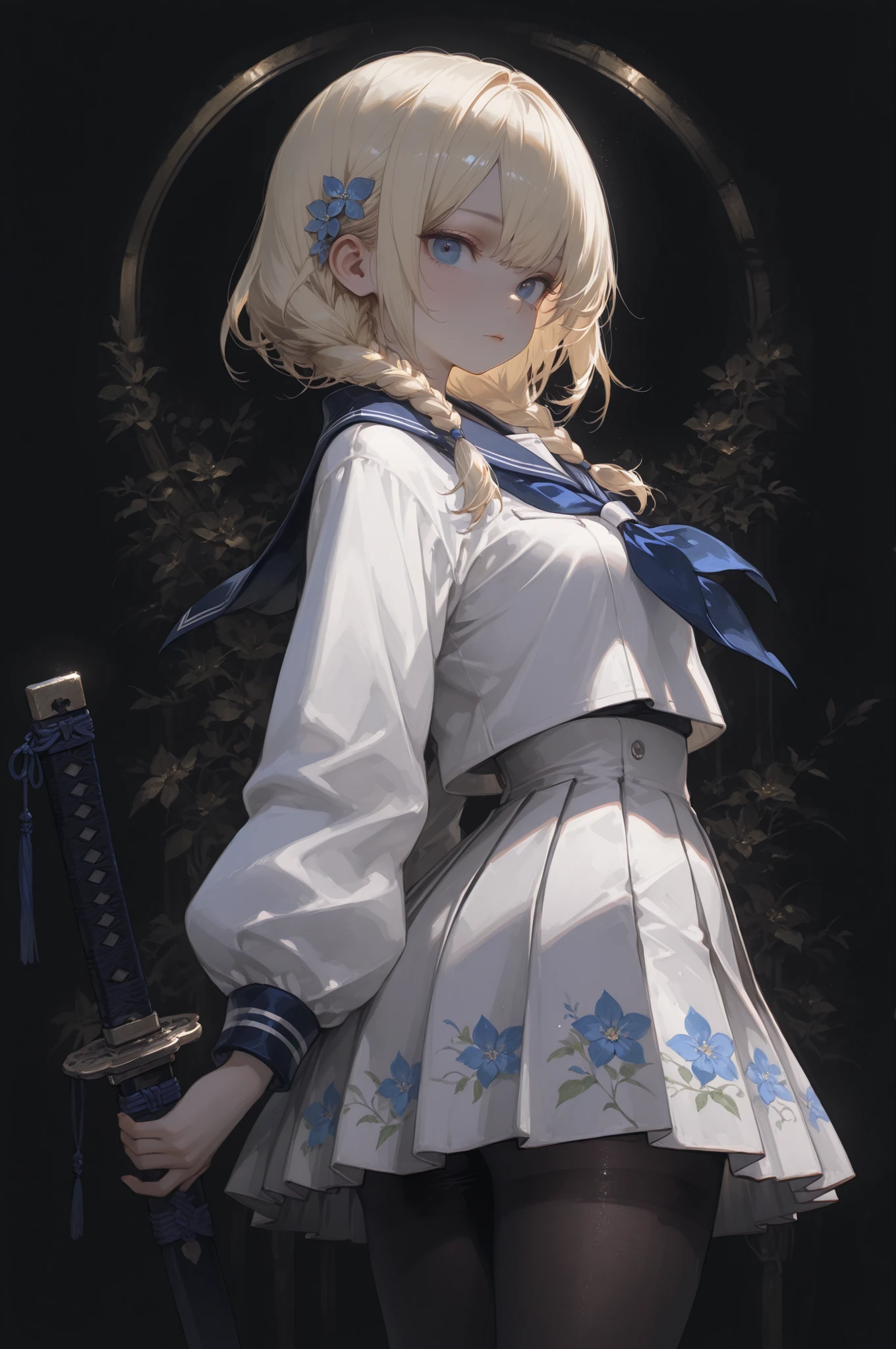 realistic, detail, (masterpiece), (Highest Quality), (ultra-detail), masterpiece, Highest Quality, absurd, Newest, beautiful girl in a very aesthetic, amazing quality, high resolution, sensitive, high resolution, ultra detail, BEST ANATOMY, HDR, 8k, High Details RAW Color Art, high contrast from behind
、
Highest Quality, Masterpiece, super resolution, Blonde、sailor suit next to the eye、Japanese sword、pleated skirt、floral skirt、pantyhose、braids、Background black、front、Blue Eyes