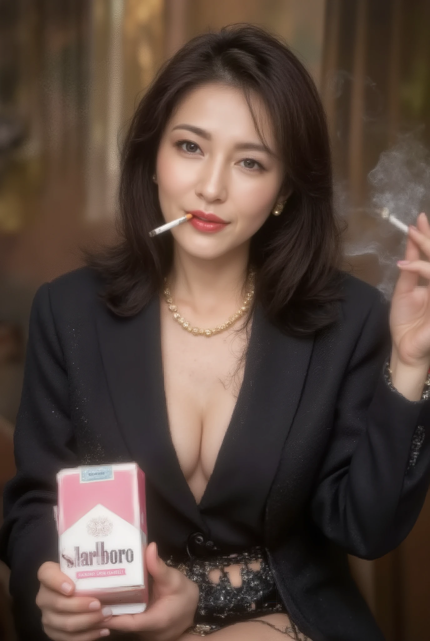 A beautiful mature woman, 45 years old (smoking: 0.8), (holding a cigarette in her mouth), ((((hyper-realistic image of a pink and white Marlboro Menthol box))), ((holding a pink and white Marlboro Menthol box in her hand)), ((putting a Marlboro Menthol box in her breast pocket), ((holding a pink and white Marlboro Menthol box between her chest and cleavage), pink Marlboro box standing, ((((ultra-detailed, exquisite detail, ultra-clear, ultra-high resolution, high resolution, exquisite detail, exhaling smoke from her mouth and nose))), standing with a gold Marlboro box, (Chanel jacket), ((((Suntory VSOP Frosty 660ml) is on the table)))), ((ultra-detailed, exquisite detail, high detail, major detail, super high quality, high resolution, exquisite, holding a brown filter cigarette with bright red lipstick in her mouth)), ((blows cigarette smoke in her face and begins to smoke secretly, lights the cigarette and begins to smoke)), ((hostess). Butt in ashtray, ((pouring a fine liquor)), ((drinking alone)), downtown club, ((very sparkly black dress)), seductive, wearing a gold necklace, slim and toned waist, smiling at the audience: 1, 2, ((Stylish nails)), super long brown hair, highly detailed face and skin texture, fine grain, double eyelids, sexy, ((Full body)), ((Cabaret)), ((A glittering, unrealistic world)), fingers with red nail polish, ((Slightly swollen breasts)), crying face, fresh and clean skin, red glossy lips, small mouth, ((Depth of drawn border 1, 2)),
