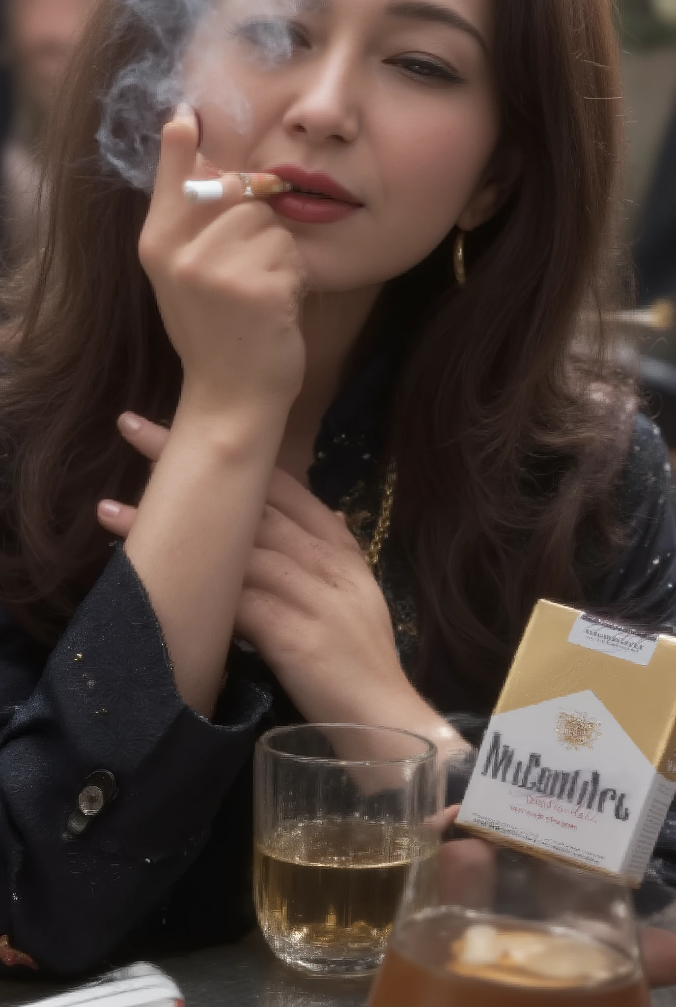 Beautiful mature woman, 45 years old (smoking: 0.8), (holding a cigarette in her mouth), ((((hyper-realistic image of a gold and white Marlboro Menthol box))), ((holding a Marlboro Menthol box in her hand)), ((carrying a Marlboro Menthol box in her breast pocket), ((holding a gold and white Marlboro Menthol box between her chest and cleavage), ((((ultra-detailed, exquisite detail, ultra-clear, ultra-high resolution, high resolution, exquisite detail, exhaling smoke from her mouth and nose))), standing with a gold Marlboro box, (Chanel jacket), (((Suntory VSOP Frosty 660ml is on the table)))), ((ultra-detailed, exquisite detail, high detail, major detail, super high quality, high resolution, exquisite, holding a brown filter cigarette with bright red lipstick in her mouth)), ((blows cigarette smoke in her face and begins to smoke secretly, lights the cigarette and begins to smoke)), ((hostess). Butt in ashtray, ((pouring a fine liquor)), ((drinking alone)), downtown club, ((very sparkly black dress)), seductive, wearing a gold necklace, slim and toned waist, smiling at the audience: 1, 2, ((Stylish nails)), super long brown hair, highly detailed face and skin texture, fine grain, double eyelids, sexy, ((Full body)), ((Cabaret)), ((A glittering, unrealistic world)), fingers with red nail polish, ((Slightly swollen breasts)), crying face, fresh and clean skin, red glossy lips, small mouth, ((Depth of drawn border 1, 2)),