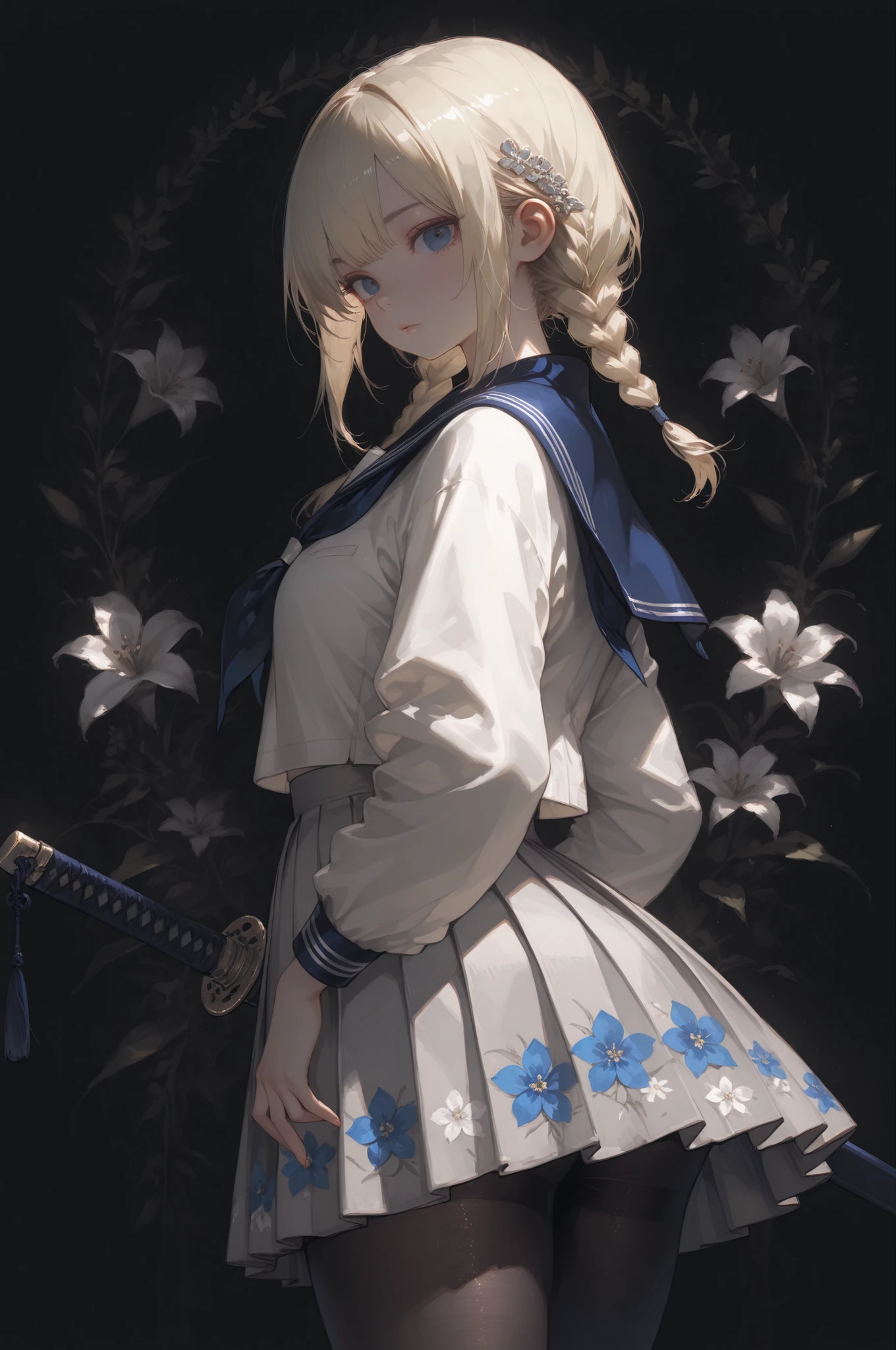 realistic, detail, (masterpiece), (Highest Quality), (ultra-detail), masterpiece, Highest Quality, absurd, Newest, beautiful girl in a very aesthetic, amazing quality, high resolution, sensitive, high resolution, ultra detail, BEST ANATOMY, HDR, 8k, High Details RAW Color Art, high contrast from behind
、
Highest Quality, Masterpiece, super resolution, Blonde、sailor suit next to the eye、Japanese sword、pleated skirt、floral skirt、pantyhose、braids、Background black、front、Blue Eyes