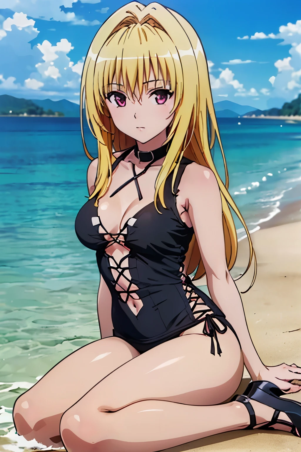 (masterpiece, best quality, high resolution, 8k:1.2), (anime coloring, official art:1.5), perfect character design, official art, highly detailed CG Unity 8K wallpaper, perfect face, perfect eye, perfect hair style, perfect body, beautiful body, beautiful skin, beautiful , beautiful legs, beautiful hands, perfect hands, beautiful face, beautiful eyes, symmetrical eyes, slim body, (1 girl), Golden darkness, long-haired blonde, (Mature face:1.0), slim, (short:1.3), (small , beautiful :1.3), ((sleeveless t-shirt), with laces, clavicle, ( opening:1.5)), (outdoor, beach, day, sky blue, cloud ), (parte superior del cuerpo), Dutch angle, looking at the spectator,
