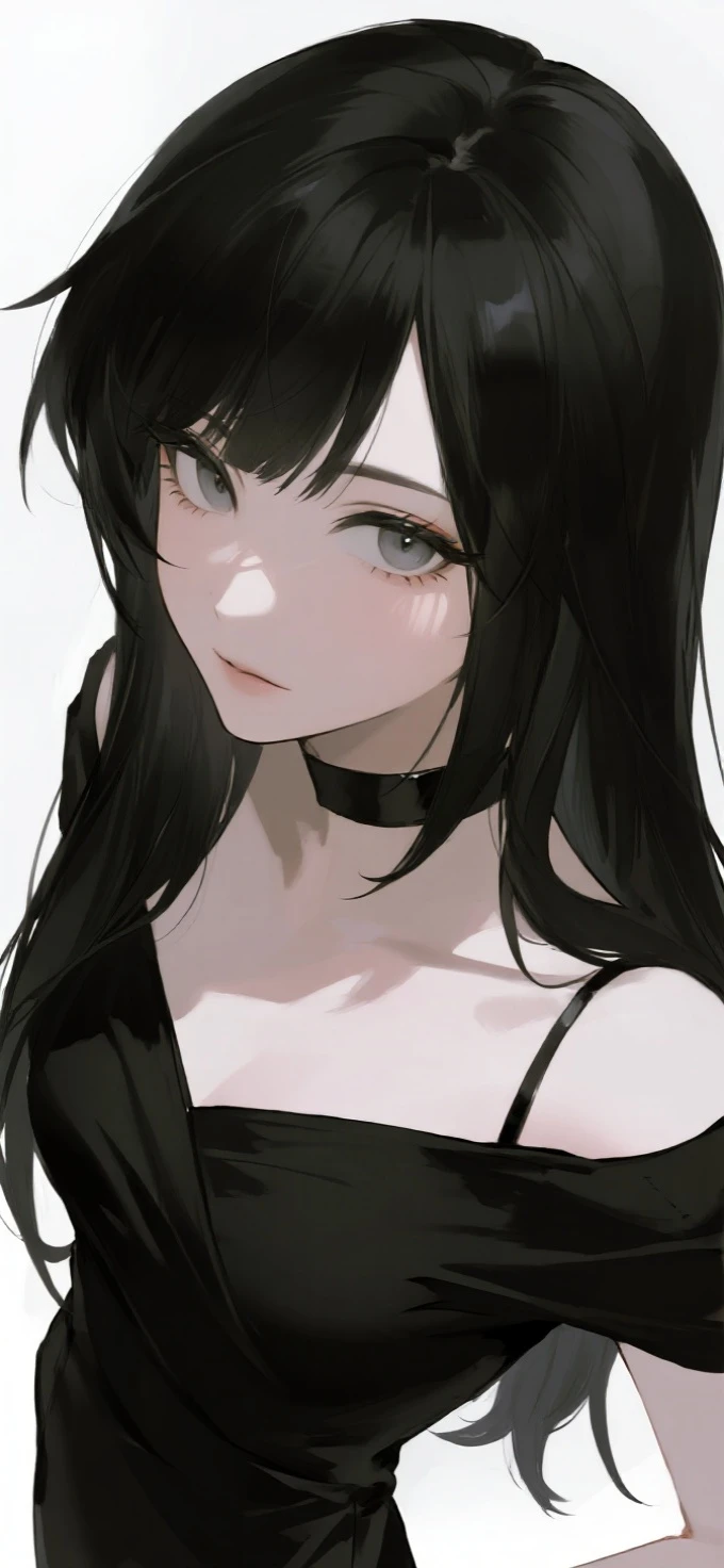 1girl, solo, wlop,
Long black hair, pale skin, green eyes, black dress, subductive smile
Background; leaning against door
Masterpiece, best quality 