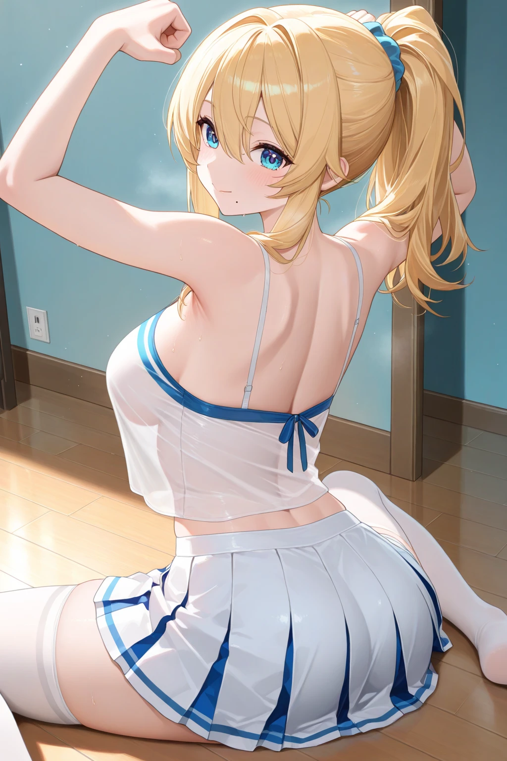 A beautiful mid-twenties woman with long, blonde hair up in a bun. She has big, blue eyes and delicate features, with a confident and dominant expression. She is wearing a tennis skirt with no top, revealing her nacked boos. She is squating in a reavealing pose. The background shows a tennis court, and her outfit is sporty. The scene shows her whole body in action, rendered in a highly detailed digital painting style. The focus is on vibrant colors, dynamic lighting, and artistic details, capturing the energy and motion of the moment