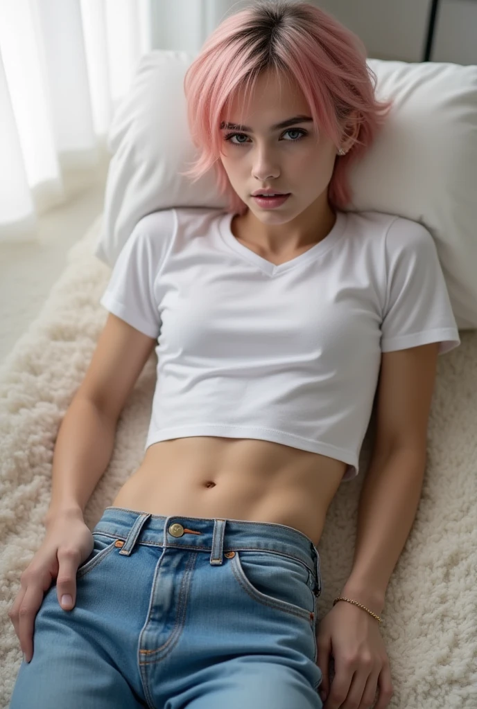 Masterpiece, Jinx from Arcane, aroused expression, , lying on a bed, legs spread, (( with a handsome man:1.2)), a man's    her , bedroom background, intricately detailed background, (UHD, 8K wallpaper, High resolution), Cinematic lighting, award-winning, extremely detailed skin,detailed face, high detail eyes, photo-realistic, Zeiss 85 mm F/1.4, by Ellen von Unwerth, sweaty, from above