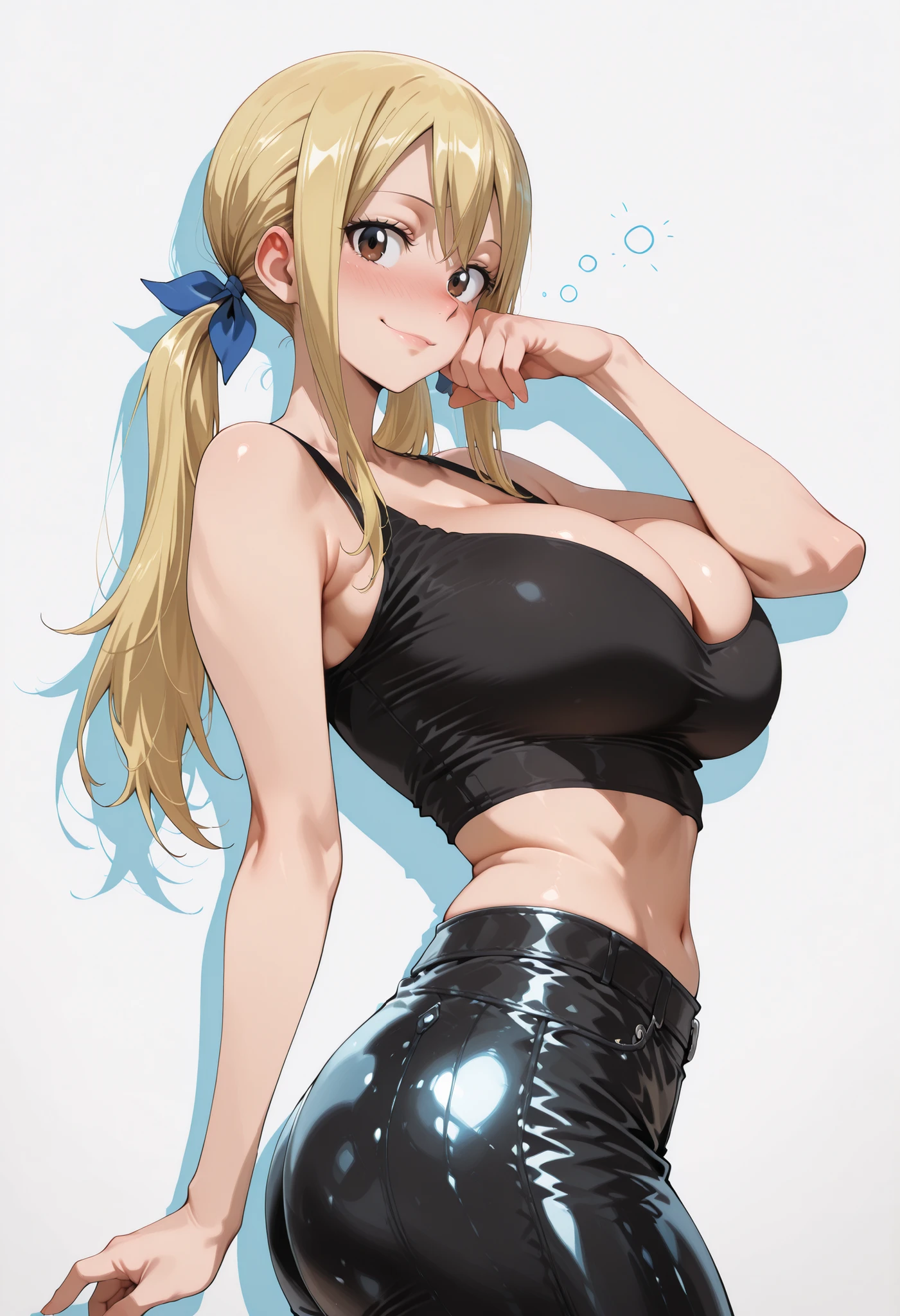 score_9, score_8_up, score_7_up, source_anime, lucy heartfilia, long hair, blonde hair, , brown eyes,,, blue hair ribbon,, blush, drunk,, , looking at viewer,, , solo,, , big , thick thigs, wide , slim waist, mature body, nose blush,, looking at viewer, nice legs, legs, standing, solo, female, shiny skin, shiny hair, shiny body, clear body,,, cowboy shot ,,,, ,,,, , looking at viewer, NOSE BLUSH,,wide , slim waist,, CLEAVAGE, shiny skin, shiny hair, shiny body, clear body, , solo, STANDING, POSING, thick thighs, thighs, solo, standing, POSING,, perfect eyes, white background, empty background, distinc shadows, solo, , thick thigh, dynamic pose, navel ,midriff,,, LOOKING AT VIEWER, WHITE BACKGROUND, EMPTY BACKGROUND, soft smile,, DYNAMIC POSE,, big , one hand behind on her, one hand on face, view from side, side pose, side looking, side view, leather pants <lora:Leather_Pants:1> black crop top