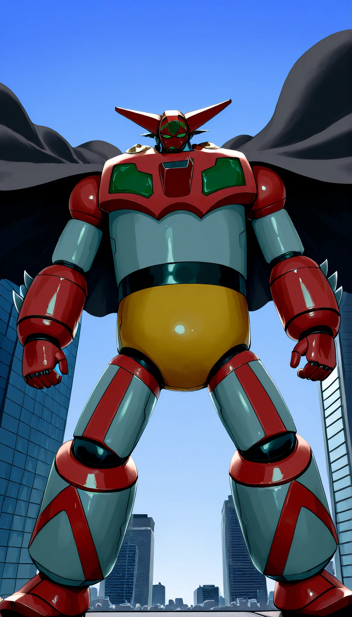 ブラックGetter Robo、standing confidently、skyscraper rooftop with zippo、Backlight、(Getter Robo, Super Robot, Mecha), With the stand arm folded、dynamic pose、black cloak to be fastened on the shoulder、(black getter, super robot, mecha)