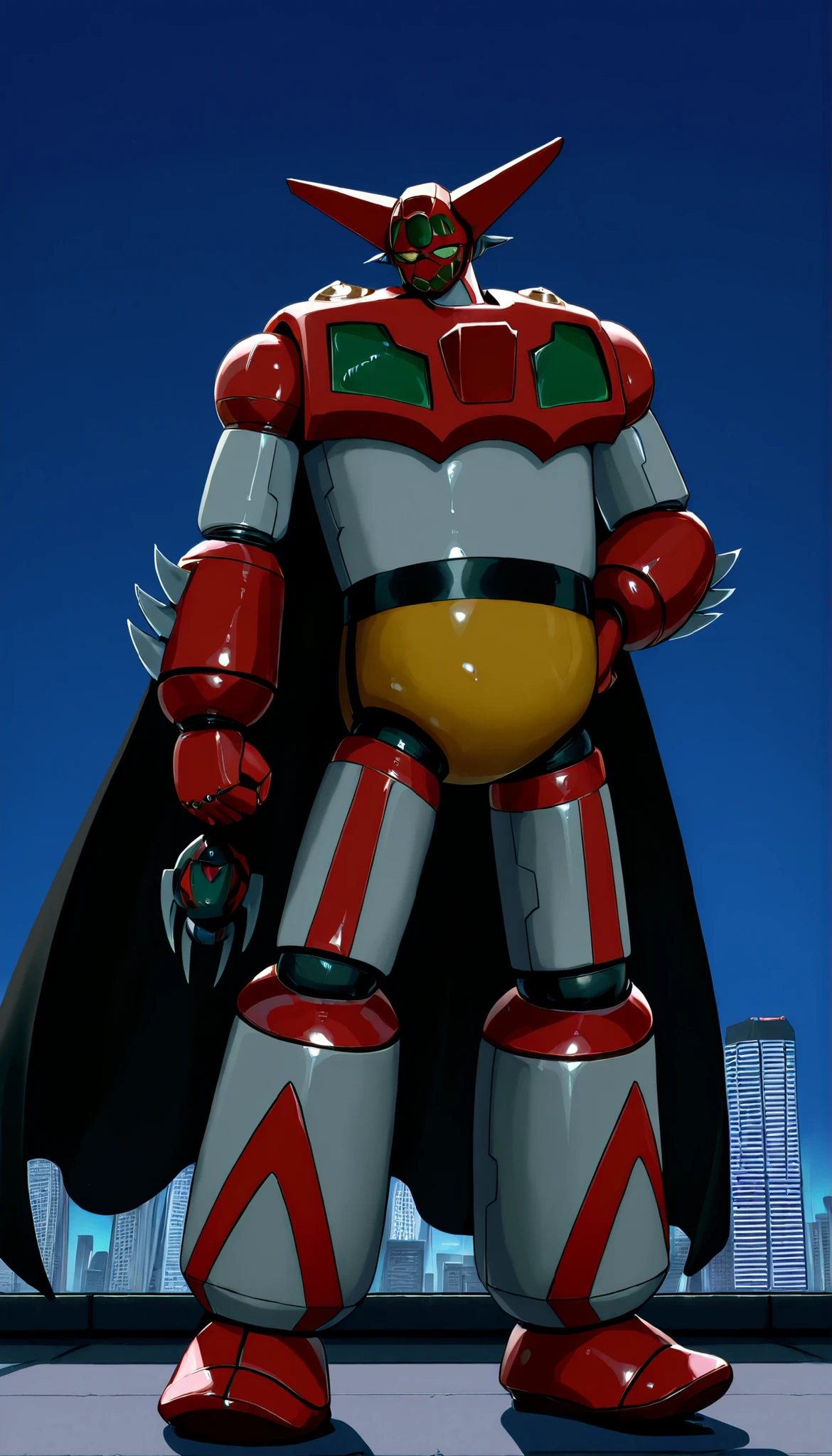 ブラックGetter Robo、standing confidently、skyscraper rooftop with zippo、Backlight、(Getter Robo, Super Robot, Mecha), With the stand arm folded、dynamic pose、black cloak to be fastened on the shoulder、(black getter, super robot, mecha)