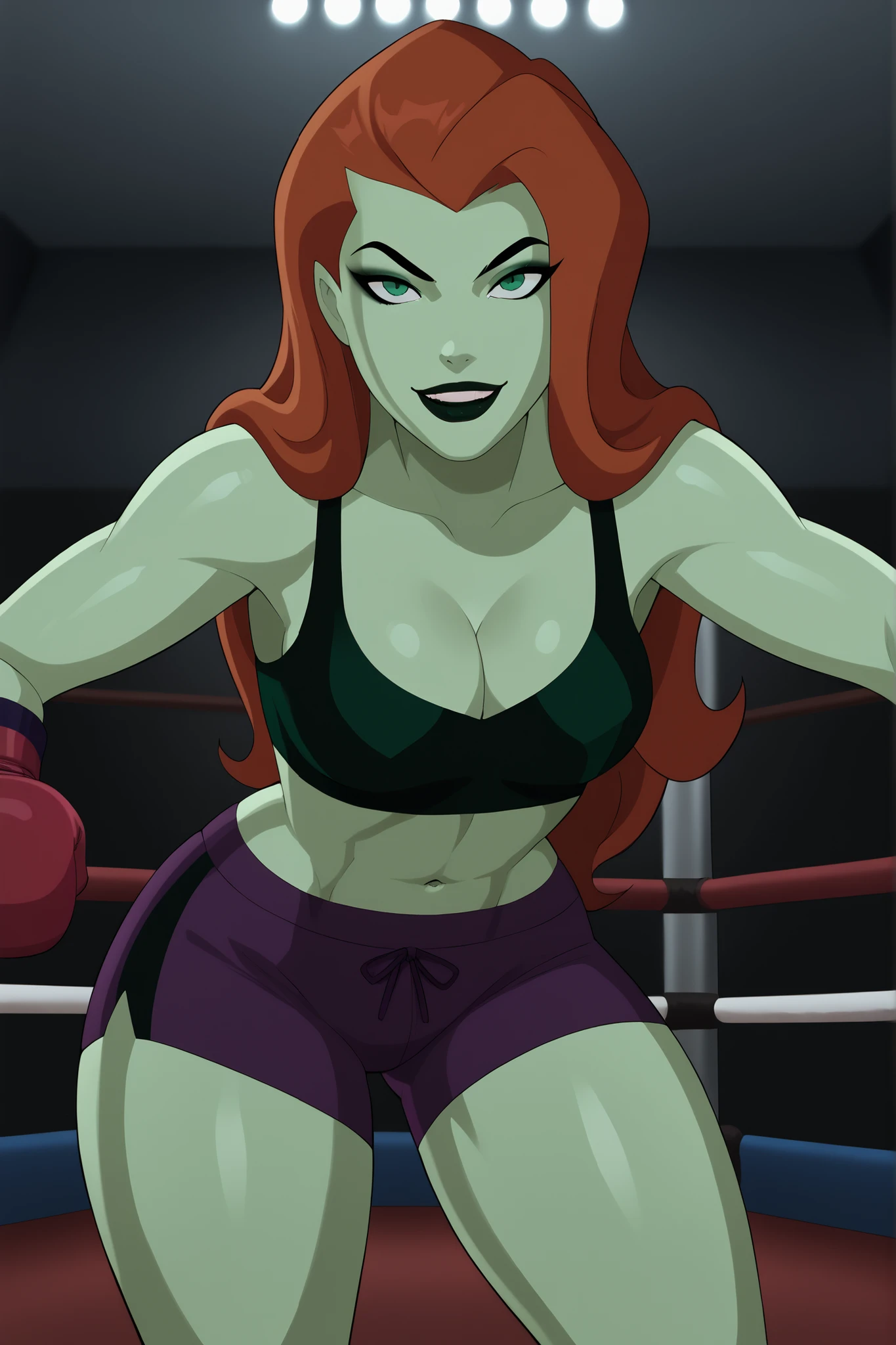 BREAK, score_9_up, score_8_up, score_7_up, score_6_up, poison ivy, 1girl, solo, ginger hair, long hair, black eyebrows, makeup, black lipstick, green skin, looking at viewer, seducing viewer, teasing viewer, best quality, high quality, seductive expression, smile, closed mouth, busty, dark purple sports bra, dark purple boxing shorts, dark purple boxing gloves, curvy, athletic, indoors, boxing ring, very large breasts, cleavage, standing, leaning forward, midriff, dark green eyeshadow, closeup, portrait, upper body, thick thighs, wide hips