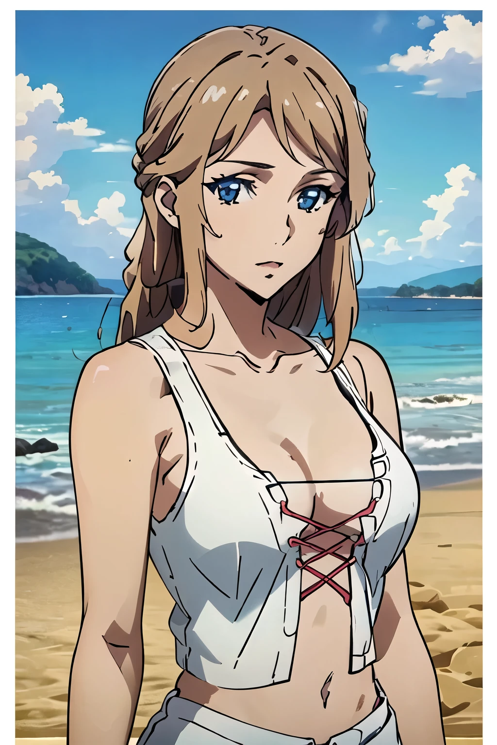 {{masterpiece}}, {{best quality}}, {an extremely delicate and beautiful}, {anime coloring}, {official art}, extremely detailed wallpaper, super fine illustrations, {{an extremely delicate and beautiful girl}}, mature female, beautiful detailed eyes, finely detail, delicate face, masterwork, 1girl, delicate details, highres, beautiful detailed face, an extremely delicate and beautiful face, intricate detail, complex details, ultra-detailed, highly detailed face, Claudia Levantine kuroinu, ((black tank top), lace-up, collarbone, ( opening:1.5)), (outdoors, beach, day, blue sky, cloud), (upper body), dutch angle, looking at viewer, 