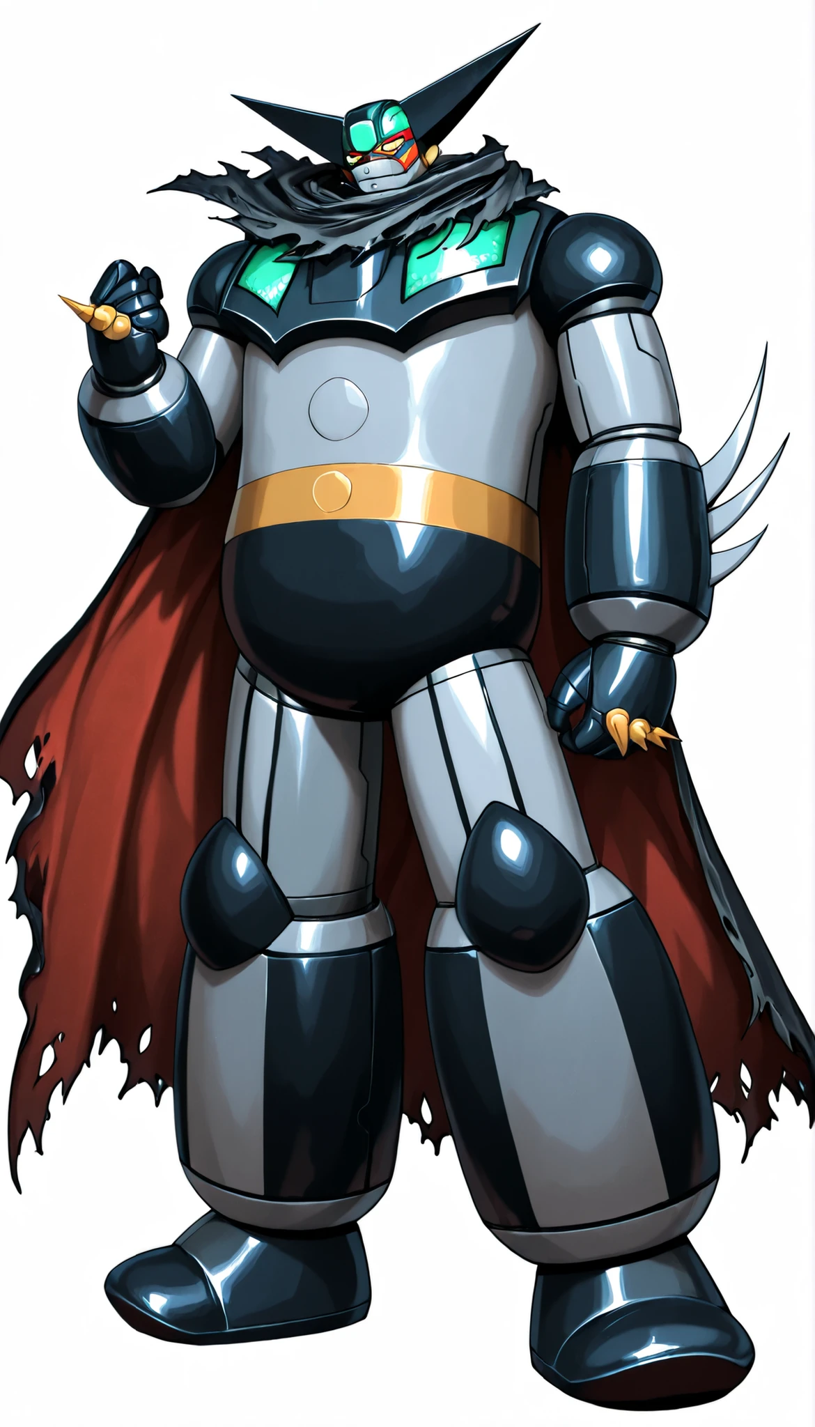 greatest masterpiece、Highest Image Quality、detailed details、ブラックGetter Robo、standing confidently、white background、(Getter Robo, Super Robot, Mecha), With the stand arm folded、dynamic pose、Black Tattered Cloak、(black getter, super robot, mecha)