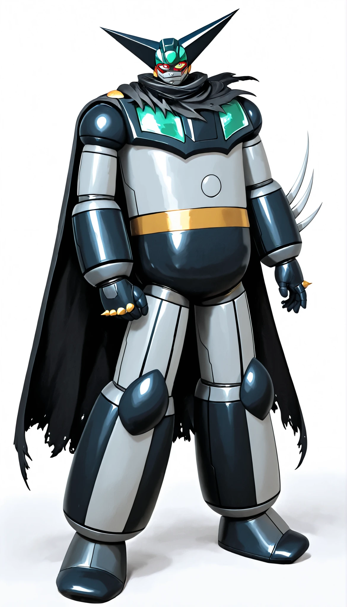 ブラックGetter Robo、standing confidently、white background、(Getter Robo, Super Robot, Mecha), With the stand arm folded、dynamic pose、black cloak to be fastened on the shoulder、(black getter, super robot, mecha)