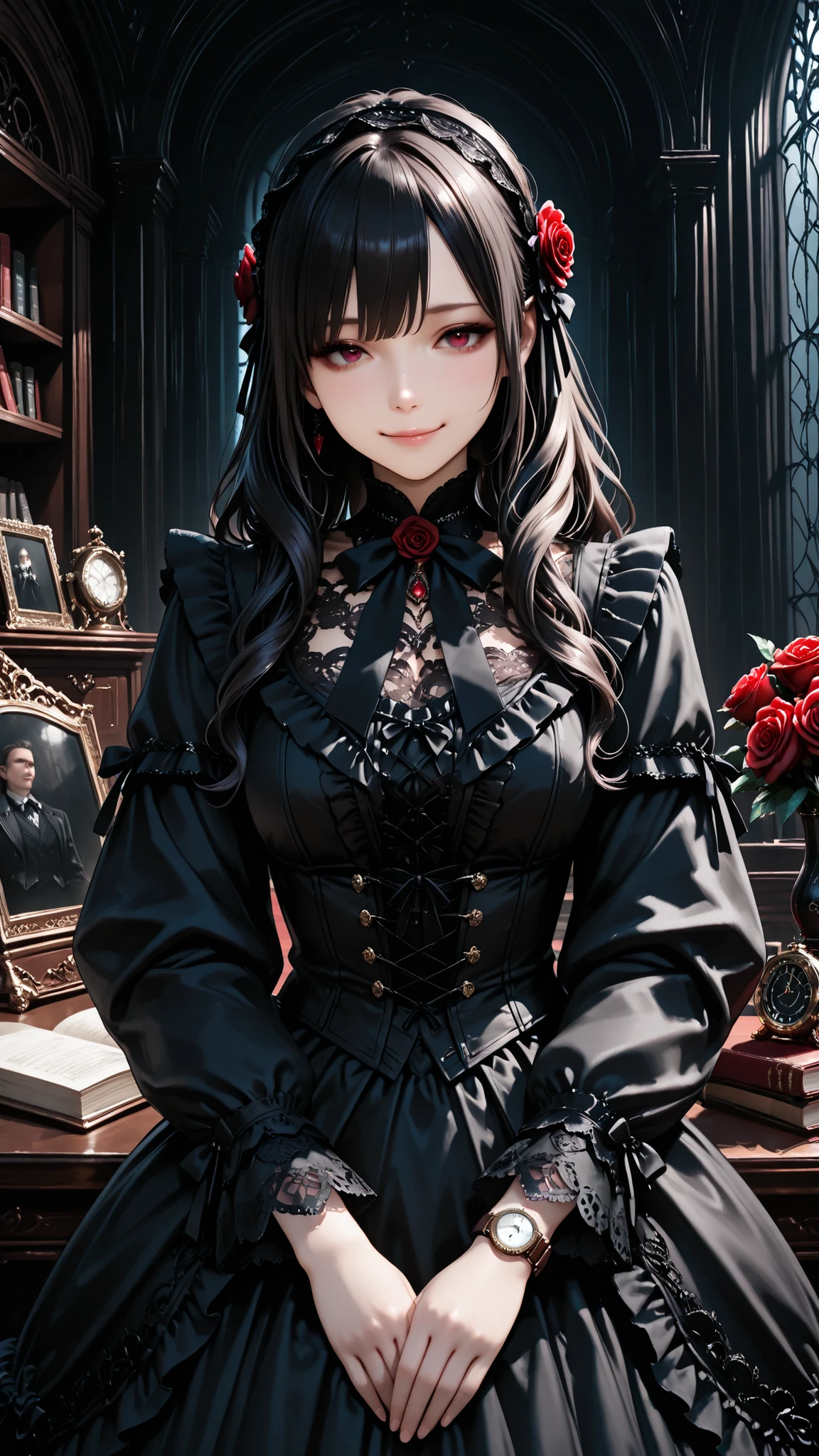 cute girl with swirling hair on the right, Black Suit , intricate lace and frills , victorian costume , big roses , cute gothic doll , intricate lace and frills , Dark color scheme, Elegant, Detailed Outfits, kind expression,Gentle smile,watch viewers, Dark Theme, Sumptuous Library,Luxurious Books Scattered In The Hall,
Fantasy Style, Delicate Accessories , Magical Atmosphere,fine-grained,semi-realistic,Wonderful,clear image,intricate details,Highly Detailed CG Unity 8k Wallpaper,Wonderful,clear image,Air Generation,AI Assisted ,masterpiece,3D, Highest Quality, high resolution,