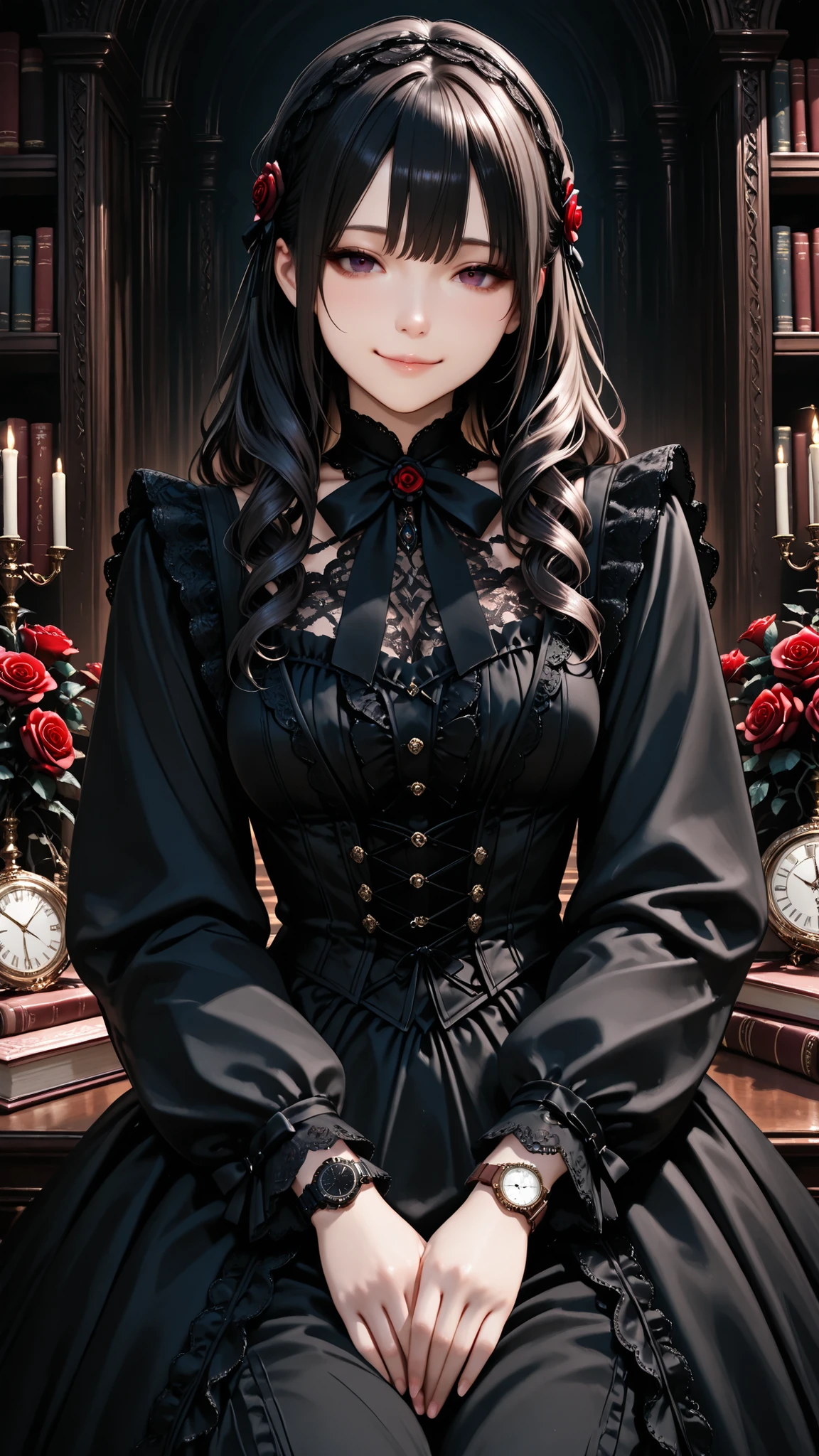 cute girl with swirling hair on the right, Black Suit , intricate lace and frills , victorian costume , big roses , cute gothic doll , intricate lace and frills , Dark color scheme, Elegant, Detailed Outfits, kind expression,Gentle smile,watch viewers, Dark Theme, Sumptuous Library,Luxurious Books Scattered In The Hall,
Fantasy Style, Delicate Accessories , Magical Atmosphere,fine-grained,semi-realistic,Wonderful,clear image,intricate details,Highly Detailed CG Unity 8k Wallpaper,Wonderful,clear image,Air Generation,AI Assisted ,masterpiece,3D, Highest Quality, high resolution,