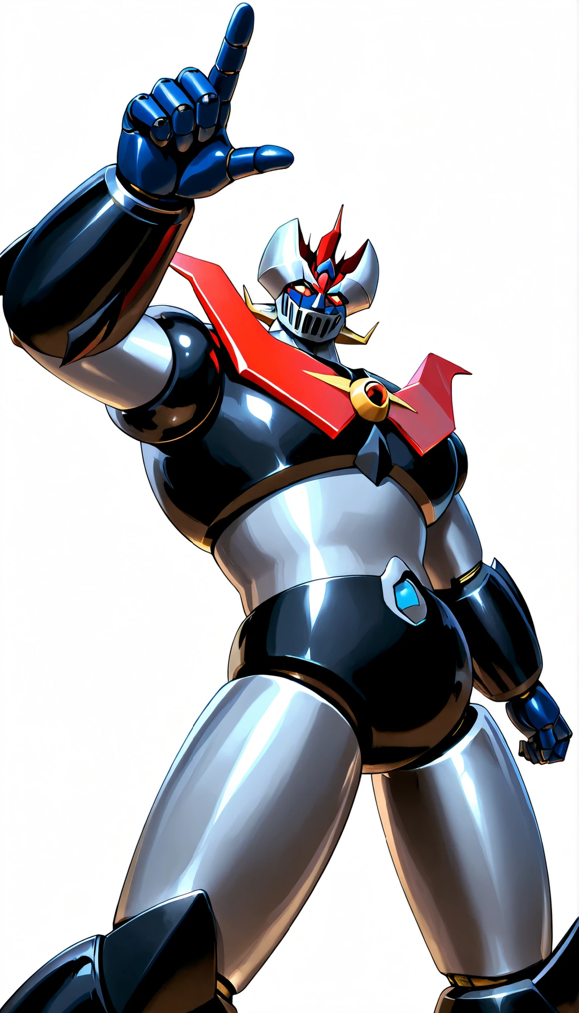 greatest masterpiece、Highest Image Quality、detailed details、Great Mazinger、solo、standing confidently、white background、(Grey and Mazinger, Super Robot, Mecha), 1Raise your finger and arm to the sky、dynamic pose、(mazinkaiser, super robot, mecha)