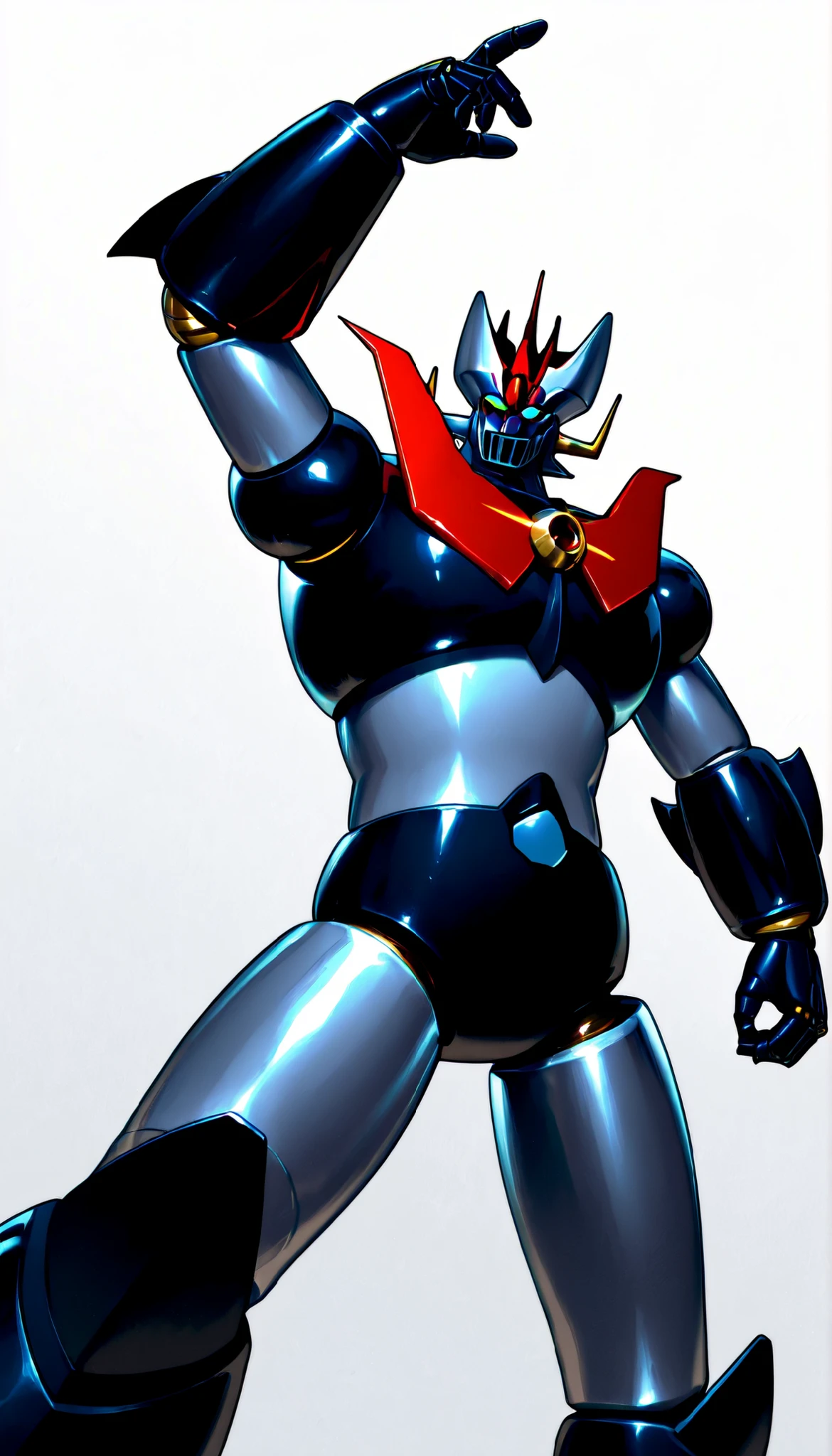 greatest masterpiece、Highest Image Quality、detailed details、Great Mazinger、solo、standing confidently、live-action、real、Gloss、Metallic Shine、white background、(Grey and Mazinger, Super Robot, Mecha), 1Raise your finger and arm straight to the sky、dynamic pose、(mazinkaiser, super robot, mecha)