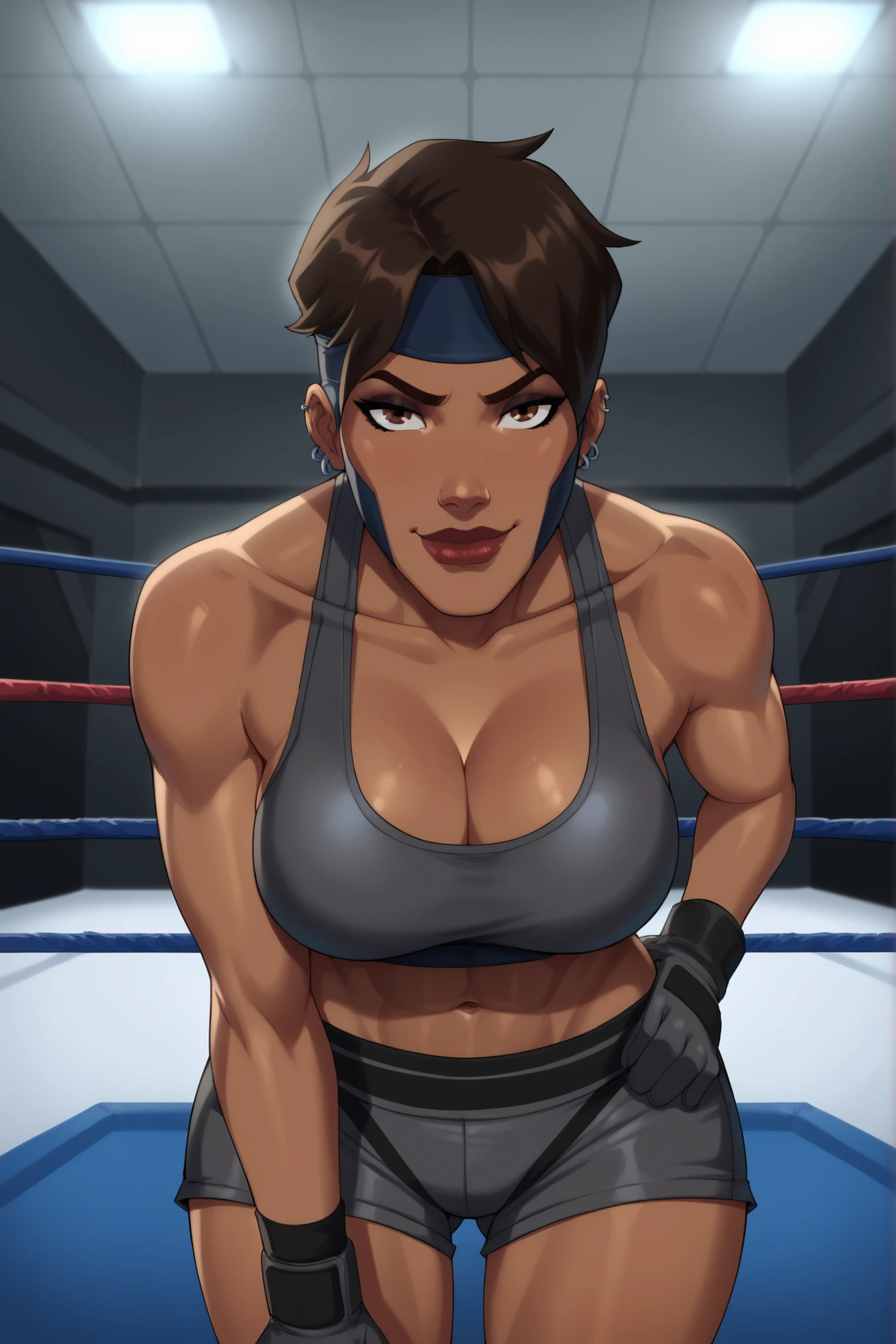 BREAK, score_6_up, score_9, score_8_up, score_7_up, high quality, masterpiece, Rocket, 1girl, solo, 2d, dark-skinned female, short hair, brown eyes, headband, piercing, earring, mask, lipstick, makeup, very , cleavage, curvy, athletic, looking at viewer, seducing viewer, teasing viewer, smile, closed mouth, expression, bedroom eyes, busty, gray sports bra, gray boxing shorts, gray boxing gloves, shoulders, standing, boxing ring, indoors, leaning forward, black eyeshadow, closeup, portrait, upper body, thick thighs, wide