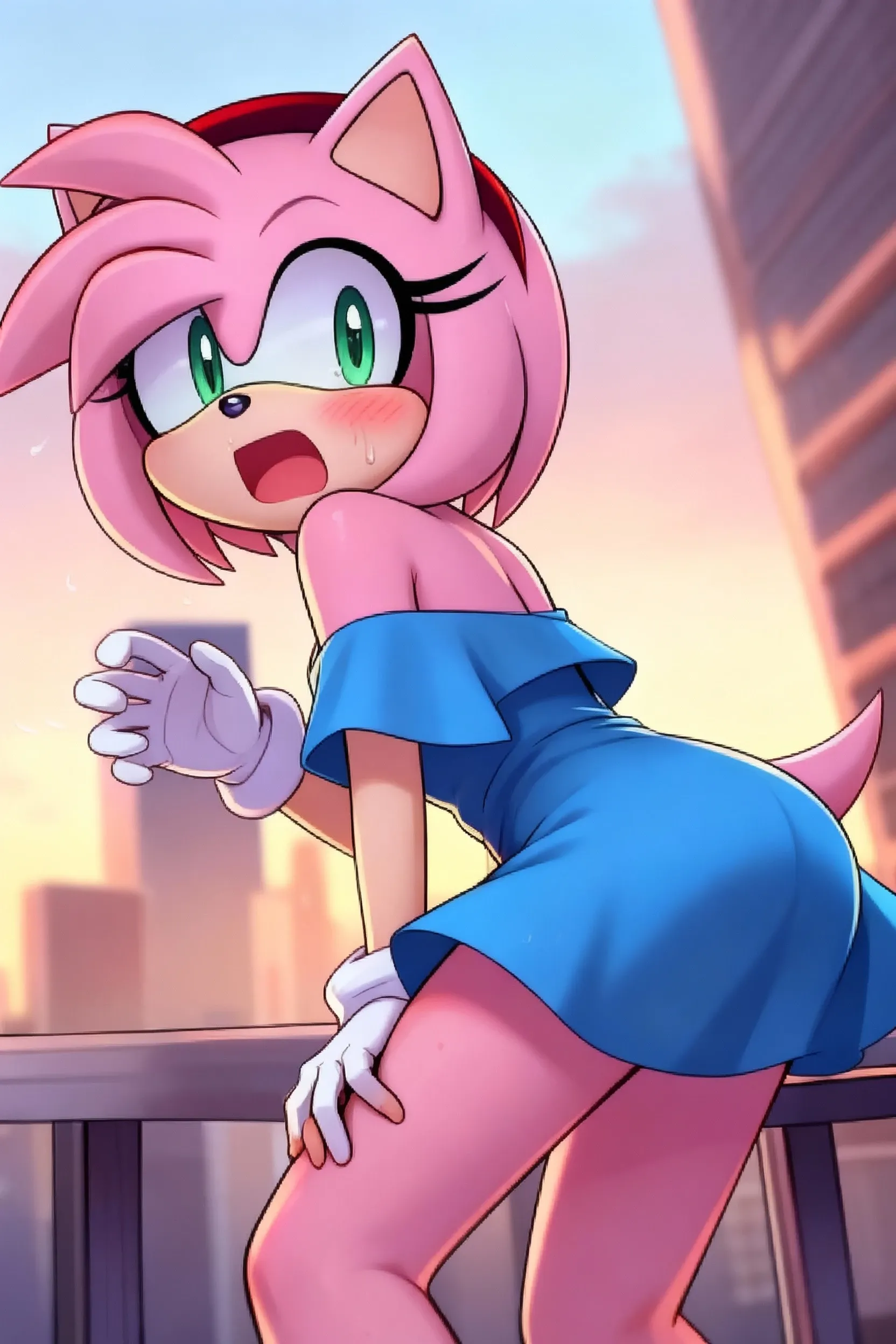 [Amy Rose], [sonic the hedgehog \(series\)], [Uploaded to e621.net; (Pixelsketcher), (wamudraws), (napalm_express)], ((masterpiece)), ((HD)), ((High Quality)), ((solo portrait)), ((back view)), ((full body)), ((detailed fur)), ((detailed shading)), ((cel shading)), ((beautiful render art)), ((intricate details)), {anthro, (pink fur), black nose, animal ears, cute green eyes, short hair, red headband, short tail, (beautiful legs), (smug smirk)}, {(short red half-back dress white lining), ( white panties)}, {(on bed), (), (head resting on arms), (looking back)}, [background; (bedroom), (pink pillow), (window), (blue sky), (sun rays)]