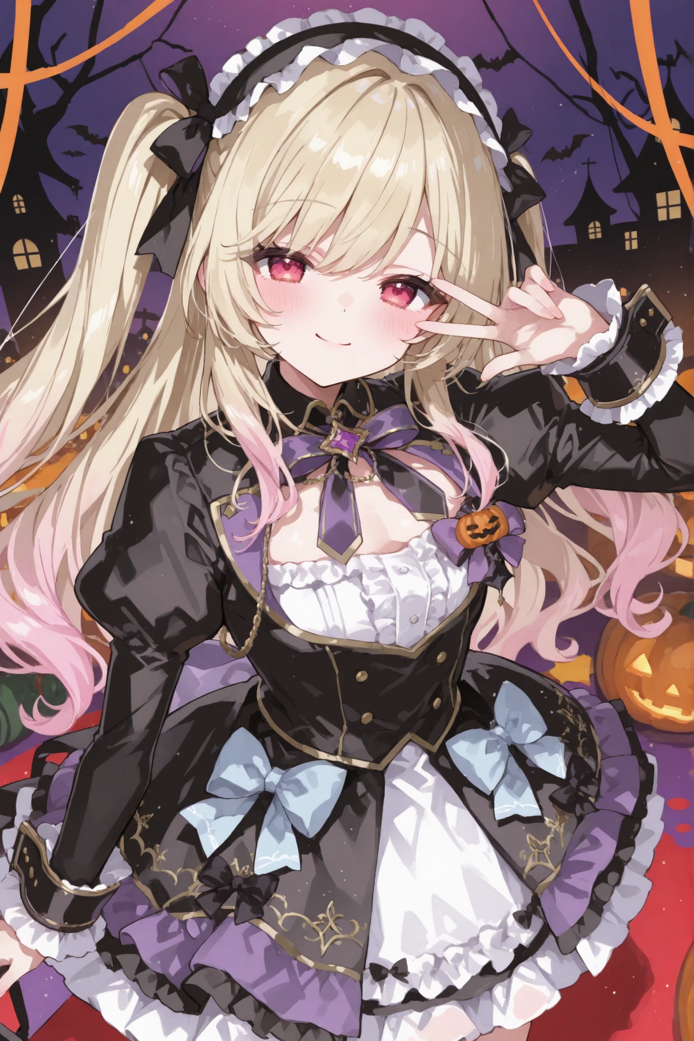 Smile Yan,very big bow on chest,(((Juliet sleeve,big cuffs,mini dress))),Lolita Dress with Fluttering Frills,cute idol stage pose,Halloween Party