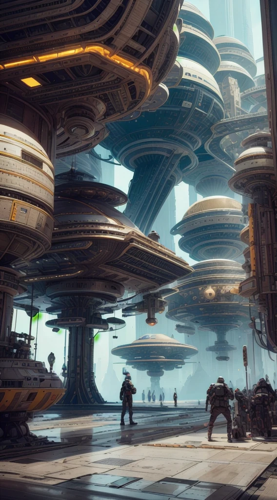 there are many robots that are walking on a bridge, peter gric and dan mumford, craig mullins nekro, by Peter Gric, style of jim burns, inspired by Stephan Martiniere, cgsociety ), cybernetic civilizations, cybernetic civilisations, fractalpunk, award winning scifi art, by Ian Miller --auto --s2