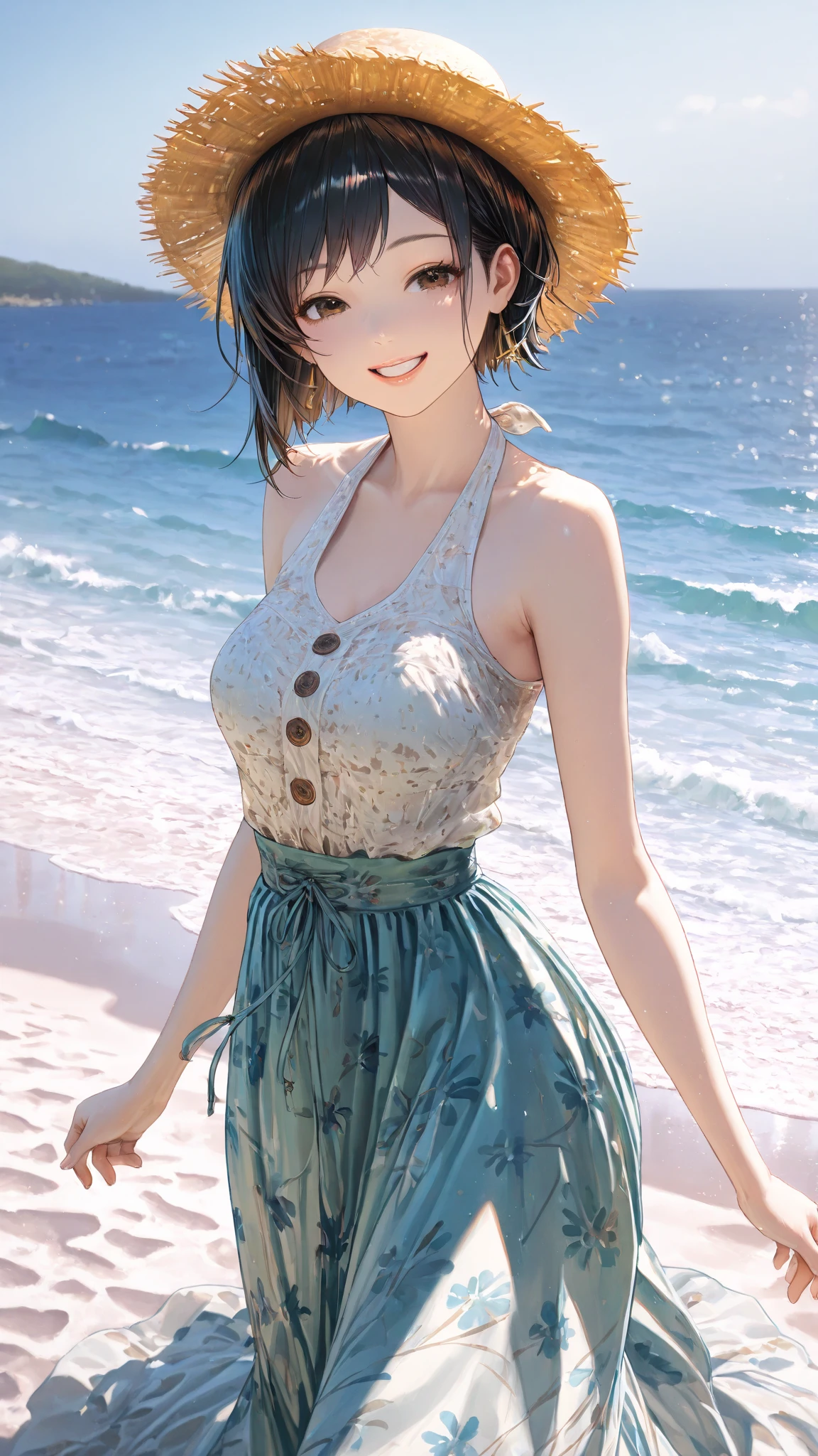 Beautiful girl who looks exactly like STU48's Kai Kokoai, Kai Kokoai, looks exactly like Kai Kokoai, smile, STU48's favorite person, STU48's 3rd single "I love you" costume, STU48's single favorite person costume, Very short hair, more short hair, short short hair, short short hair, dark brown hair, 1 girl, 18 years old, photo, realistic, top quality, detailed face, strong sunlight, sea, embankment, detailed background, diffused sunlight, depth of field, bokeh (top quality: 1.2), (masterpiece: 1.2), looking at the viewer, knee-length long dress with a white short-sleeved collar, with collar, long dress, best smile, more thin light blue stripes,